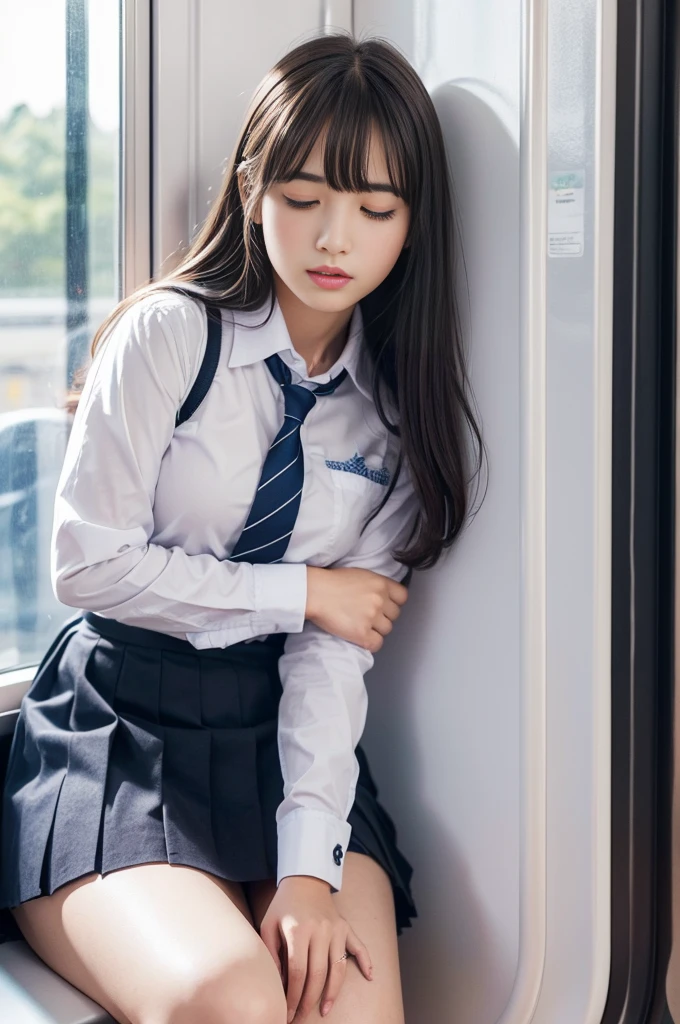 (realistic:1.3), face with shadow, Depth of bounds written, school uniform, 
beautiful detailed illustrations,great art,(((very detailed))),
1 girl sitting,bangs,high school girl,sleep,close your eyes,white panties,skirt,
cowboy shot,From before
,(((very detailed))),on the train，ミニskirt, I can see her panties，