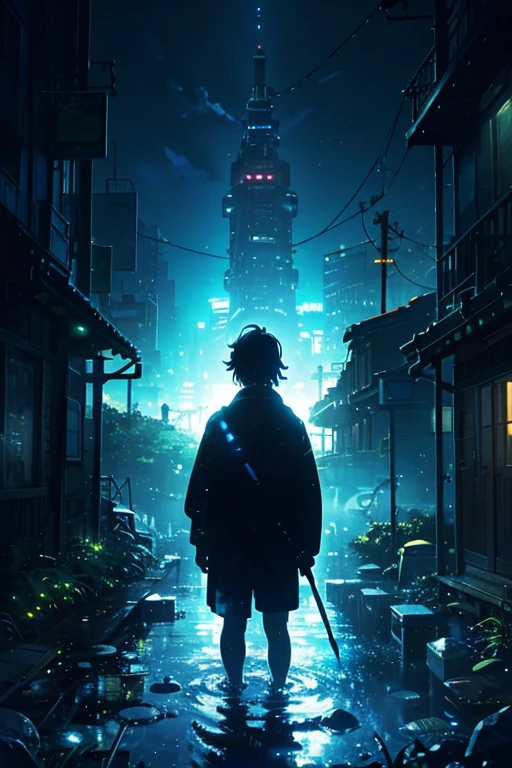 nuclear world, neon glow, dystopia, epic, acid, Blue-ish glow, Green-ish glow, White-ish glow, anime, isekai, Kodomomuke (コドモムケ), Slice of Life, Fantasy, Utopian, World mostly underwater, Flooded, character standing in the middle, acrylic painting, trending on pixiv fanbox, palette knife and brush strokes, style of makoto shinkai jamie wyeth james gilleard edward hopper greg rutkowski studio ghibli genshin impact