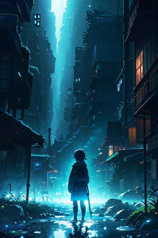 nuclear world, neon glow, dystopia, epic, acid, Blue-ish glow, Green-ish glow, White-ish glow, anime, isekai, Kodomomuke (コドモムケ), Slice of Life, Fantasy, Utopian, World mostly underwater, Flooded, character standing in the middle, acrylic painting, trending on pixiv fanbox, palette knife and brush strokes, style of makoto shinkai jamie wyeth james gilleard edward hopper greg rutkowski studio ghibli genshin impact