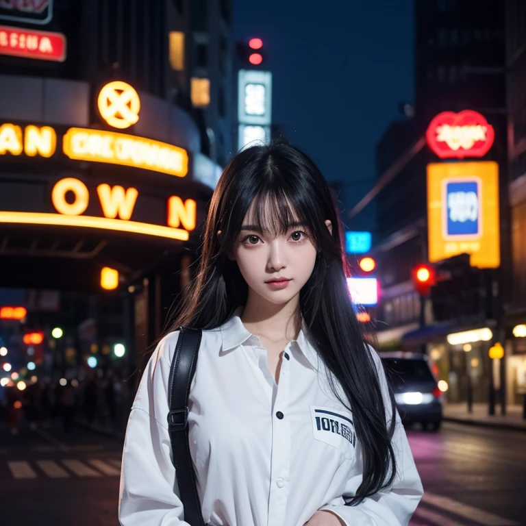black hair, A 19-year-old girl stands on a tall building. Behind her is the bustling city with colorful neon lights., Her posture is that her body is slightly tilted forward, Tilting his head and smiling, ahoge, silver hair, heart ahoge, heart-shaped pupils, red eyes, Surrealism, anime style, cinematic lighting, ray tracing, motion blur, 8k, super detail, textured skin, super detail, best quality, highres, high quality, high details, 1080P