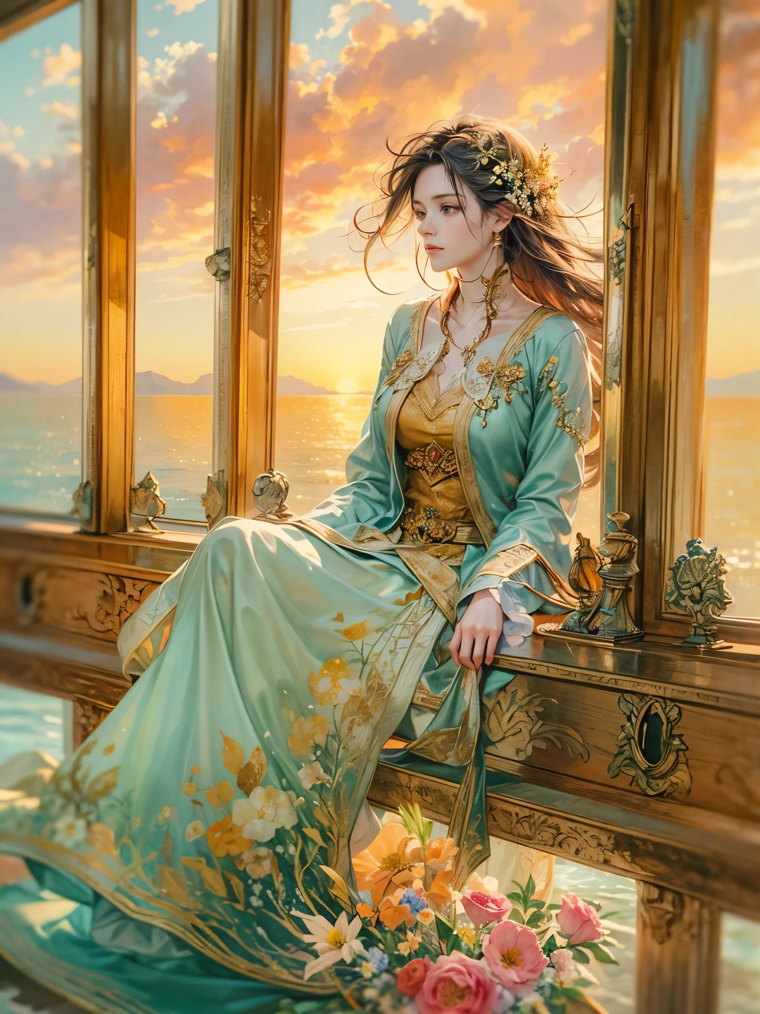 a picture of figures，Depicts a fantasy female captain in a  moment looking out to sea at sunset。Leaning on the ship&#39;s railing，The expression is thoughtful。Vibrant sunset sky reflected in calm sea，seagulls in the distance。Soft, warm lighting highlights her thoughtful gaze。Create using：digital strokes、Reflect emotions、calm ocean scene、Detailed character research、ambient sunset color、peaceful atmosphere、glibatree tips、HD quality、Natural look。Focus on showing the elegance and sophistication of female captains, (floral watercolor painting:1.5)，，(Super high saturation, bright and vivid colors:1.5), (nsfw), (Look at the audience head-on:1.5)