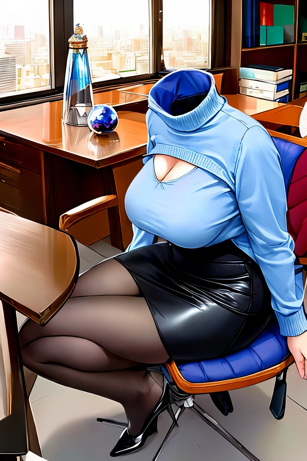 Highly detailed, High Quality, Masterpiece, beautiful, DisembodiedHead, 1girl, solo, headless, office lady, cleavage, turtleneck sweater, mini skirt, pencil skirt, pantyhose, high heels, sitting, sapphire crystal ball, office chair, workplace, company, full body,