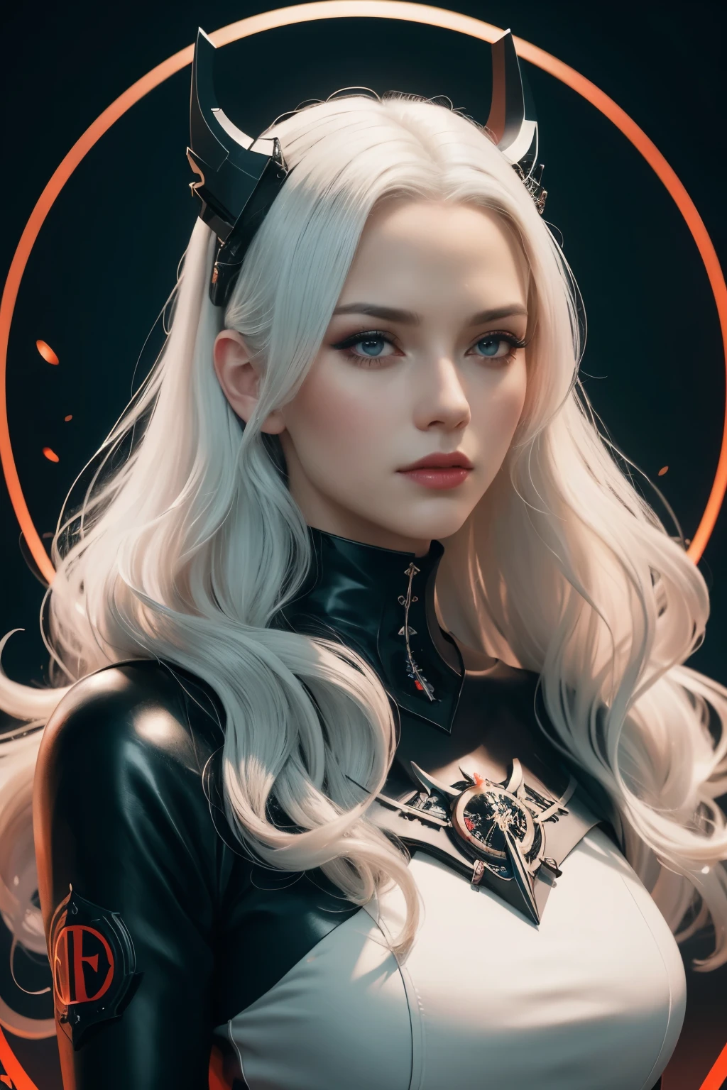 Portrait of a beautiful girl with wavy white hair, wearing a formal black dress with metal parts, red eyes, monograms in the background, digital painting, dark colors, 8k, complex details, vintage, retro futuristic style, sharp focus on the center, pastel colors, art station, (sci-fi, future, future theme), (facial expression looking with disdain), (detailed illustration)