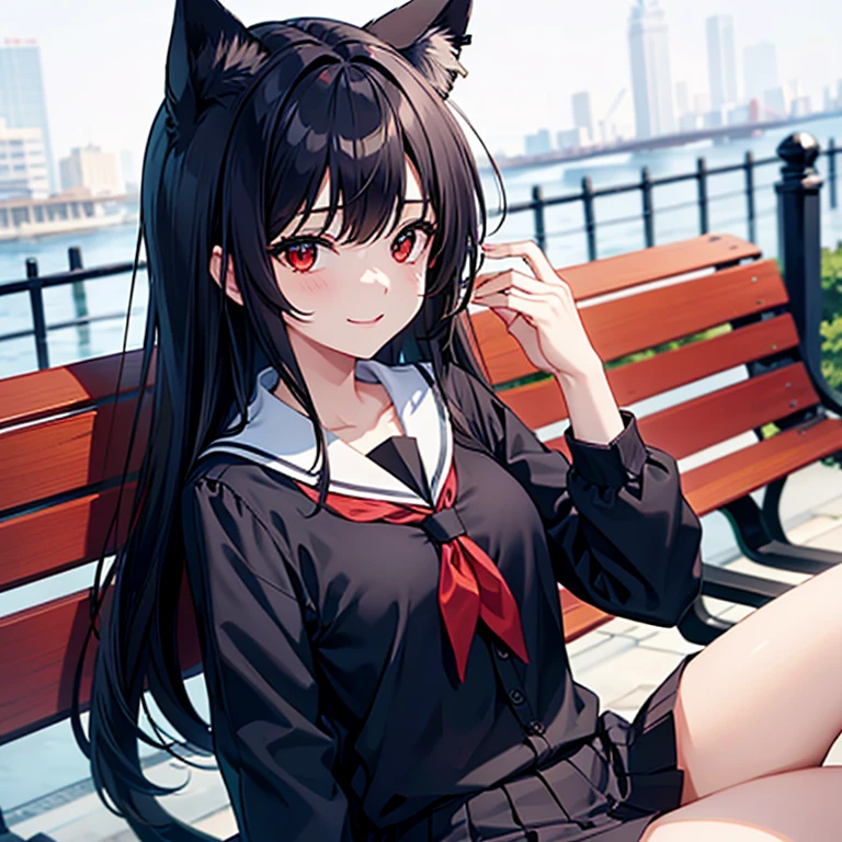 best quality, catgirl, red eyes, black hair, school uniform, sitting on park bench, looking at viewer, smiling