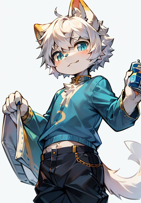 Bright Eyes, character bust photo, Q version, 头像框, Character focus, alone, hairy, hairy male cat, Male yellow-white fur, blue eyes, white hair (long) Loli style, Little cute, will sell cute, Wear blue clothes and pants, has a tail