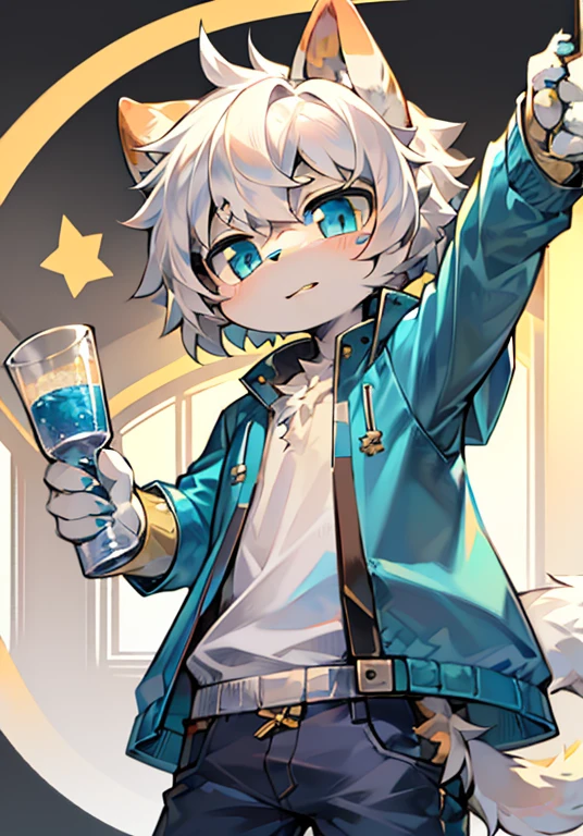 Bright Eyes, character bust photo, Q version, 头像框, Character focus, alone, hairy, hairy male cat, Male yellow-white fur, blue eyes, white hair (long) style, Little cute, will sell cute, Wear blue clothes and pants, has a tail