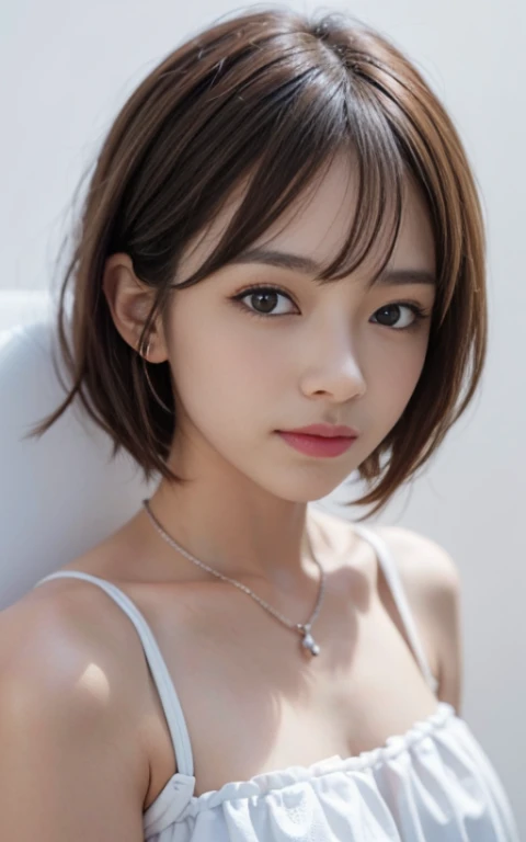 cute 21 year old japanese、best smile、super detail face、eye for details、double eyelid、beautiful thin nose、sharp focus:1.2、Beautiful woman:1.4、(light brown hair,short cut hair, highest quality、shine、masterpiece、Super high resolution、(Photoreal:1.4)、((White Background:1.3))dress、nice costume、