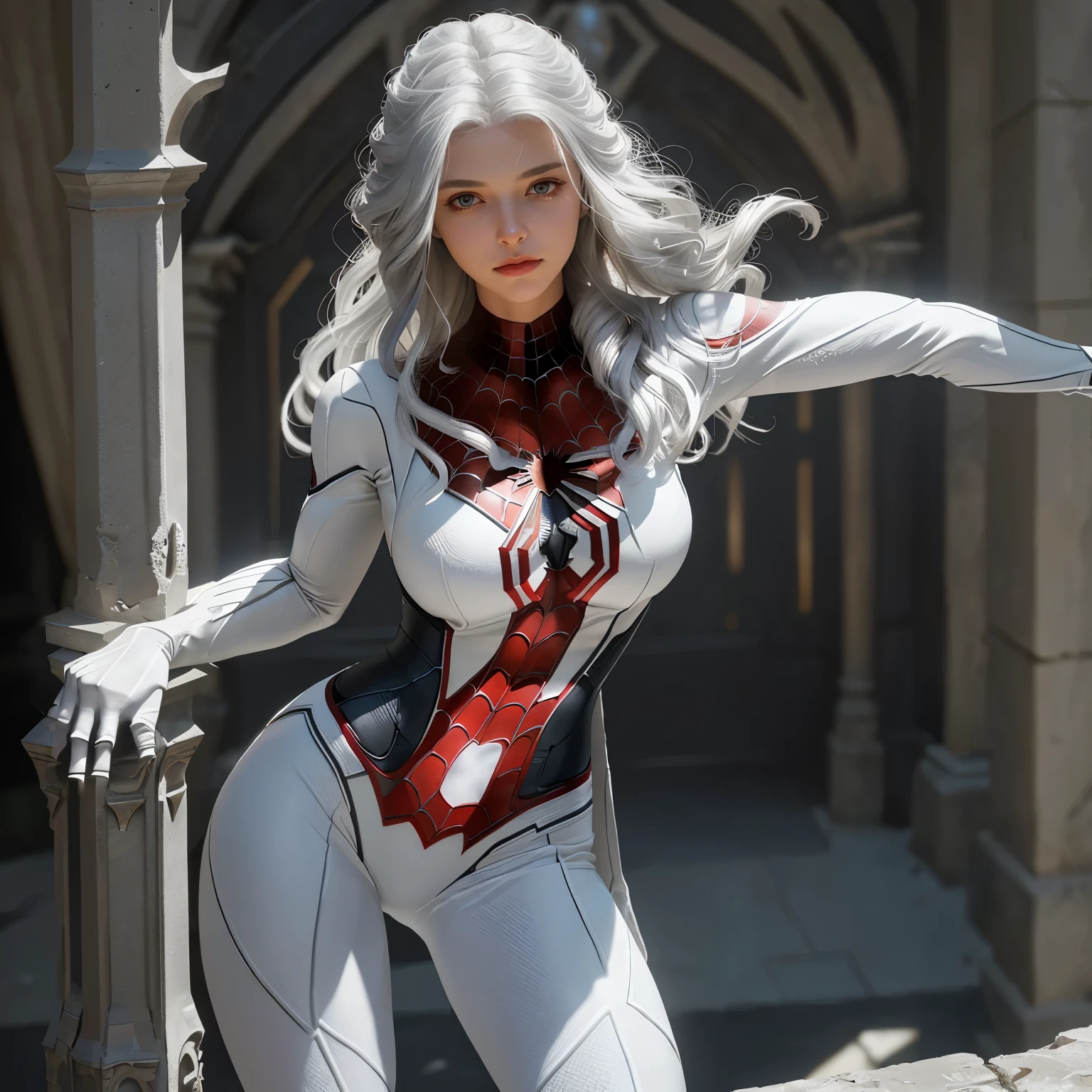 (Extreme Detail CG Unity 8K wallpaper, masterpiece, highest quality), (Exquisite lighting and shadow, highly dramatic picture, Cinematic lens effect), a beautiful girl in a white Spider-Man costume, white lingerie, silver gray hair color, long hair, from the Spider-Man parallel universe, Wenger, Marvel, Spider-Man, on the ancient tower, very beautiful face, dynamic pose), (excellent detail, excellent lighting, wide angle), (excellent rendego on ancient tower, enough to stand out in its clasocus on white Spider-Man costumes, complex spider textures