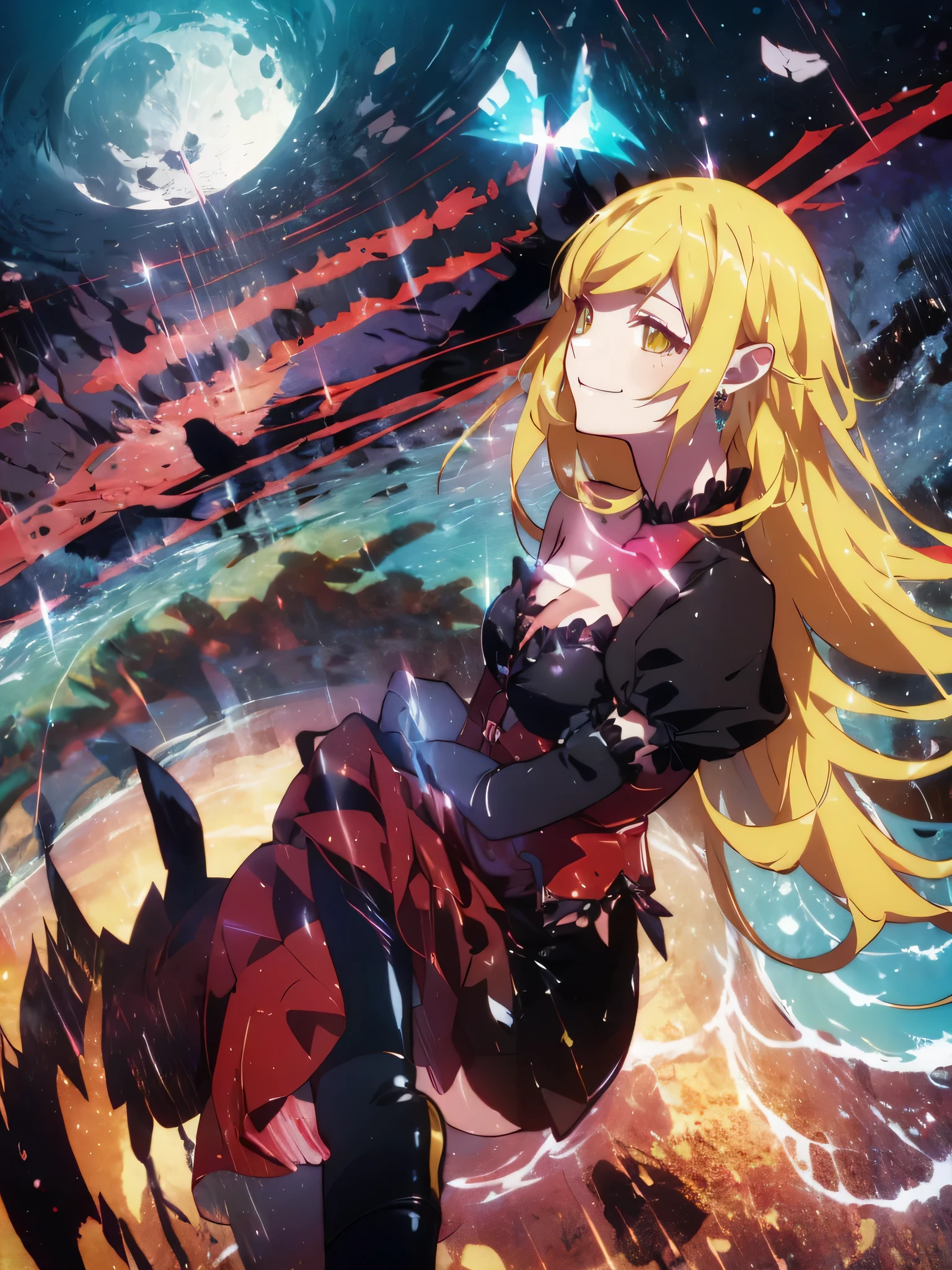 最high quality,table top,1 girl, Bright yellow eyes like jewels,yellow hair、ponytail,, magical ***********, Princess, adventurous girl, OK, smile、nymphomaniac, high heel boots, gloves, zettai ryouiki, earrings, natural otaku, moonlight,under the moon,At night,full body shot、masterpiece, high quality, High resolution, alone、(masterpiece:1.6、最high quality), (OK and beautiful eyes:1.2), 1 girl, Ocean、tropical beach、((white dress))、perfect hands、blush、crossed legs,look up(masterpiece:1.6、最high quality), (OK and beautiful eyes:1.2), 1 girl, Report、perfect hands,((Peeking out from directly below))、(((shoot from below)))、turn your arms behind your back、be quiet, From above,lie,Ocean View、世界一の絶景なるOcean辺,Don&#39;do not interrupt prompt。半分Oceanに入っている、Oceanに浮かんでいる,m shinobu heart under blade