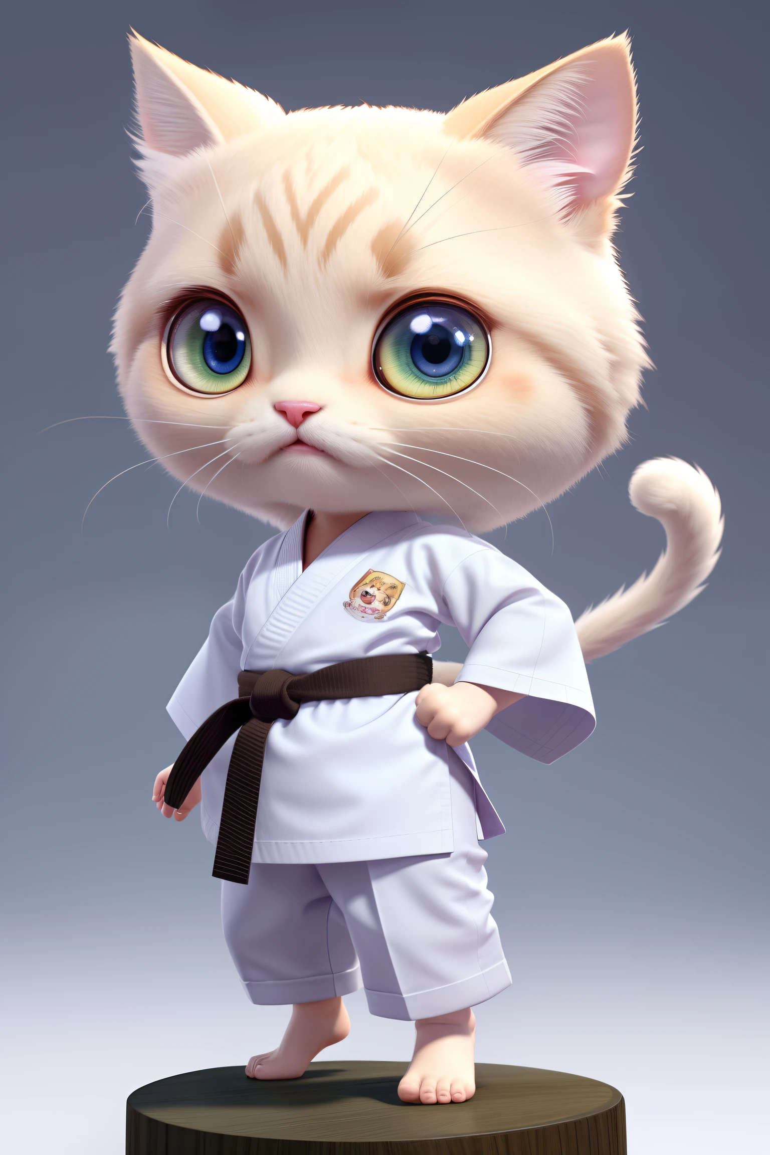 Full of cute character bodies, chibi, A small karate cat with big eyes, white kimono, dynamic poses, Tense fists, high kick, Extremely detailed textures, pastel colors, 3d rendering, 12), NVDIA, Ray tracing, beautiful, amazing, Pixar style, isolated on white background