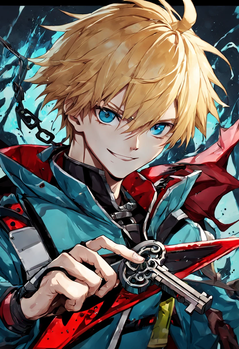 anime boy，blond，blue eyes，wearing colorful jacket, Anime inspired by Kun Chan, Hot topics on pixiv, Continuous art, Handsome guy in the art of slaying demons, key anime art, Portrait de Ninja Slayer, Demon Slayer: Rui fan art, 神奇的blond王子的肖像, [[[[smile]]]], trigger anime art style