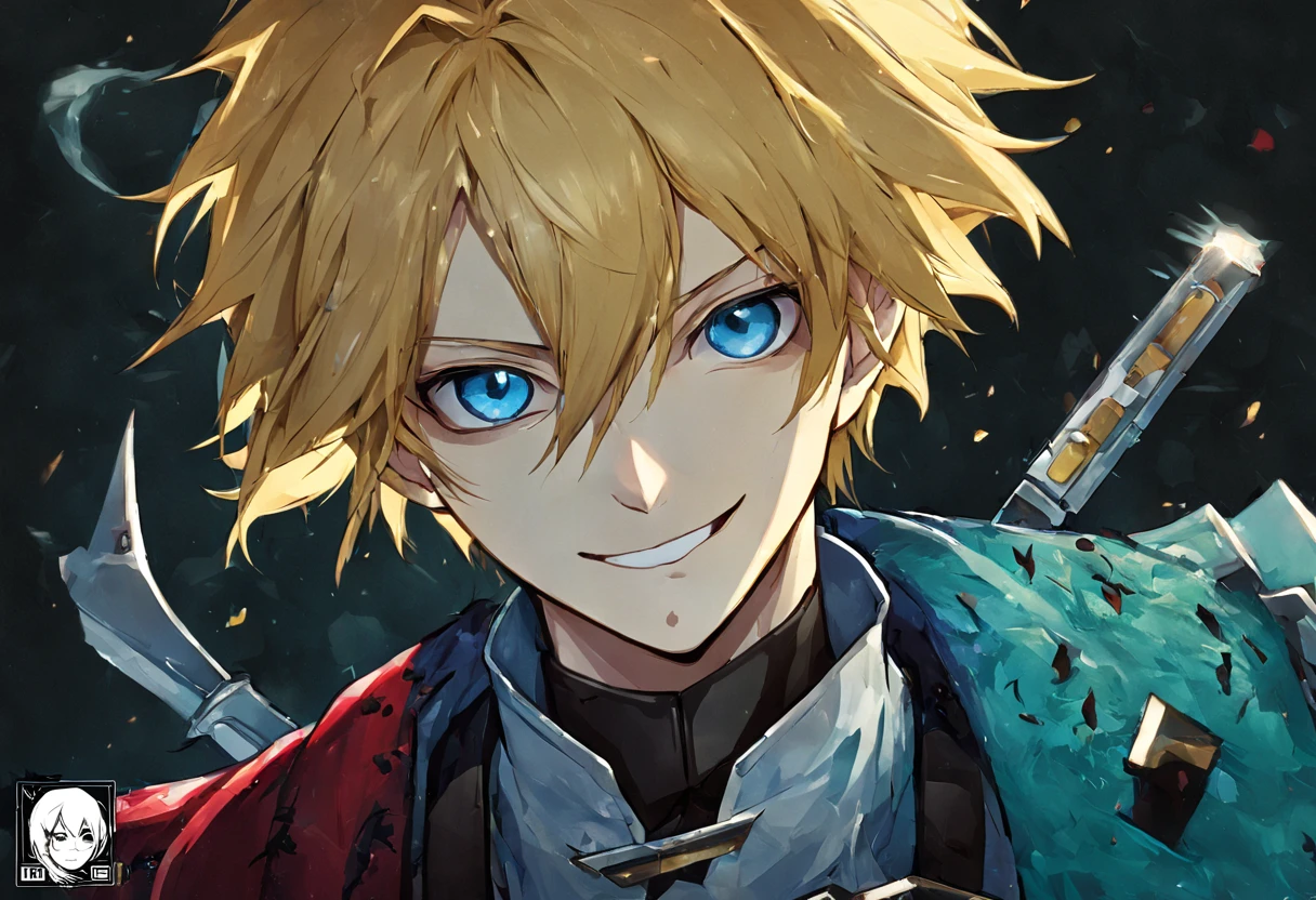 anime boy with blonde hair and blue eyes in a colorful jacket, Handsome guy in the art of slaying demons, key anime art, Portrait de Ninja Slayer, Demon Slayer: Rui fan art, Portrait of magical blond prince, [[[[smile]]]], trigger anime art style, High quality anime art style, Primary animation visuals, anime boy, beautiful androgynous prince