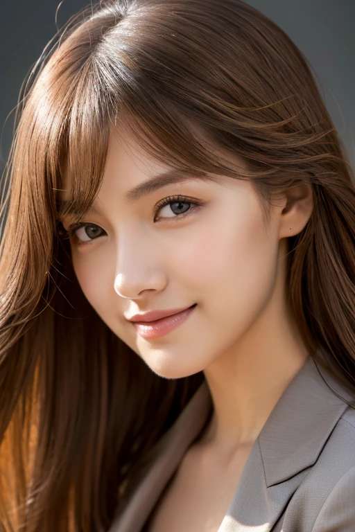 highest quality, realistically, super detailed, fine pubic hair, High resolution, solid color background,8k wallpaper, 1 beautiful woman,,light brown messy hair, wear a dark suit, lock focus, perfect dynamic composition, beautiful eyes, delicate hair, 细致realistically的皮肤纹理, smile, close up portrait, model body shape