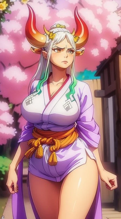 (masterpiece), best quality, expressive orange eyes, perfect face, massive boobs, standing, wearing a kimono, cherry blossom trees background, flowers on her head, front facing, white hair with horns, thigh legs , 