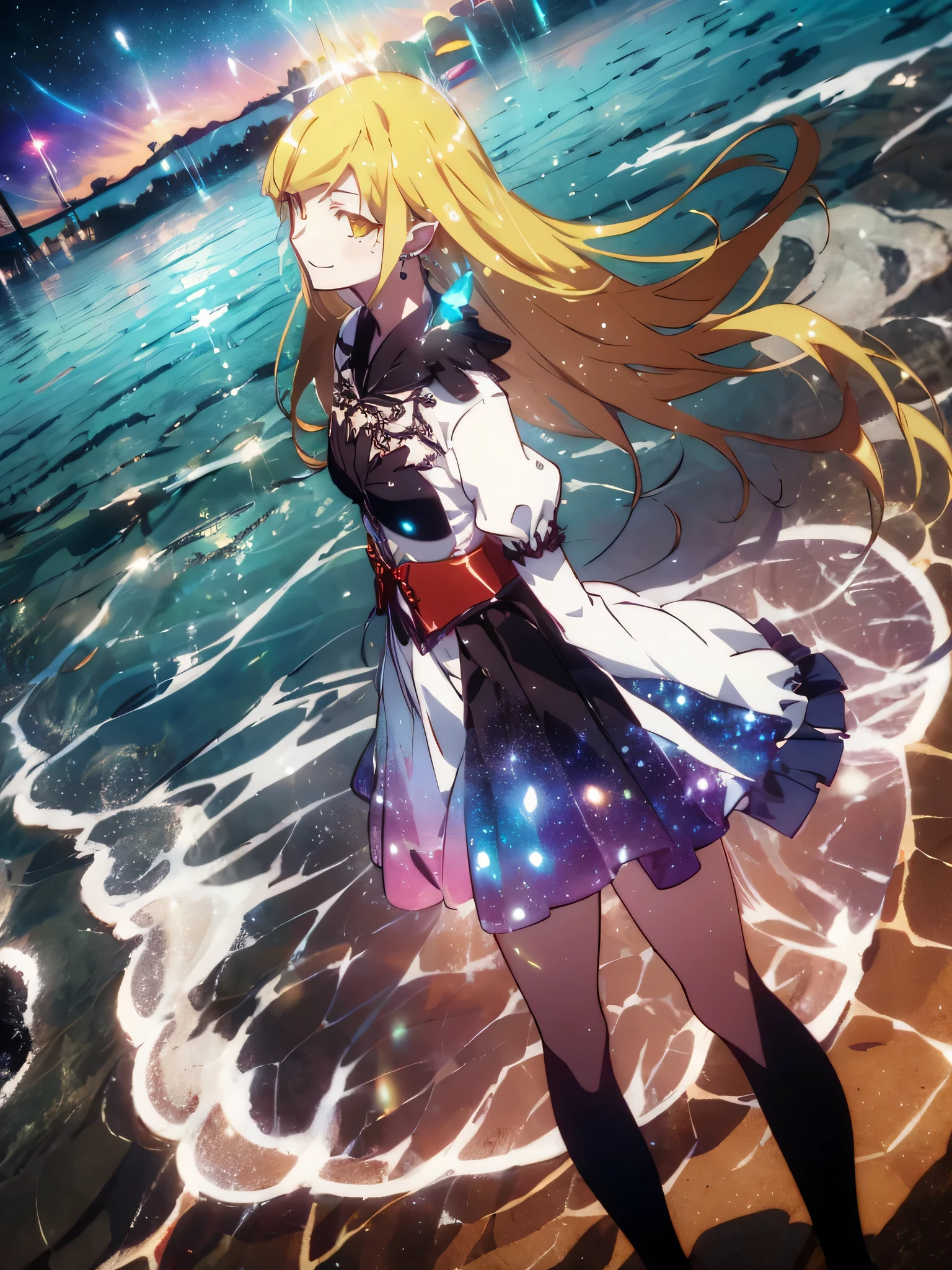 最high quality,table top,1 girl, Bright yellow eyes like jewels,yellow hair、ponytail,, magical ***********, Princess, adventurous girl, OK, smile、nymphomaniac, high heel boots, gloves, zettai ryouiki, earrings, natural otaku, moonlight,under the moon,At night,full body shot、masterpiece, high quality, High resolution, alone、(masterpiece:1.6、最high quality), (OK and beautiful eyes:1.2), 1 girl, Ocean、tropical beach、((white dress))、perfect hands、blush、crossed legs,look up(masterpiece:1.6、最high quality), (OK and beautiful eyes:1.2), 1 girl, Report、perfect hands,((Peeking out from directly below))、(((shoot from below)))、turn your arms behind your back、be quiet, From above,lie,Ocean View、世界一の絶景なるOcean辺,;do not interrupt prompt。半分Oceanに入っている、Oceanに浮かんでいる,m shinobu heart under blade