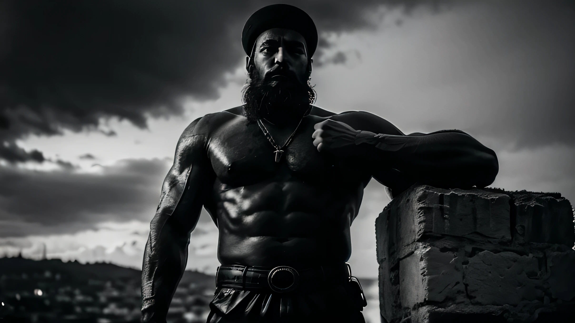 A dark landscape of the Ottoman Empire in black and white with statue of a stereotypical muscular masculine turkish man with beard