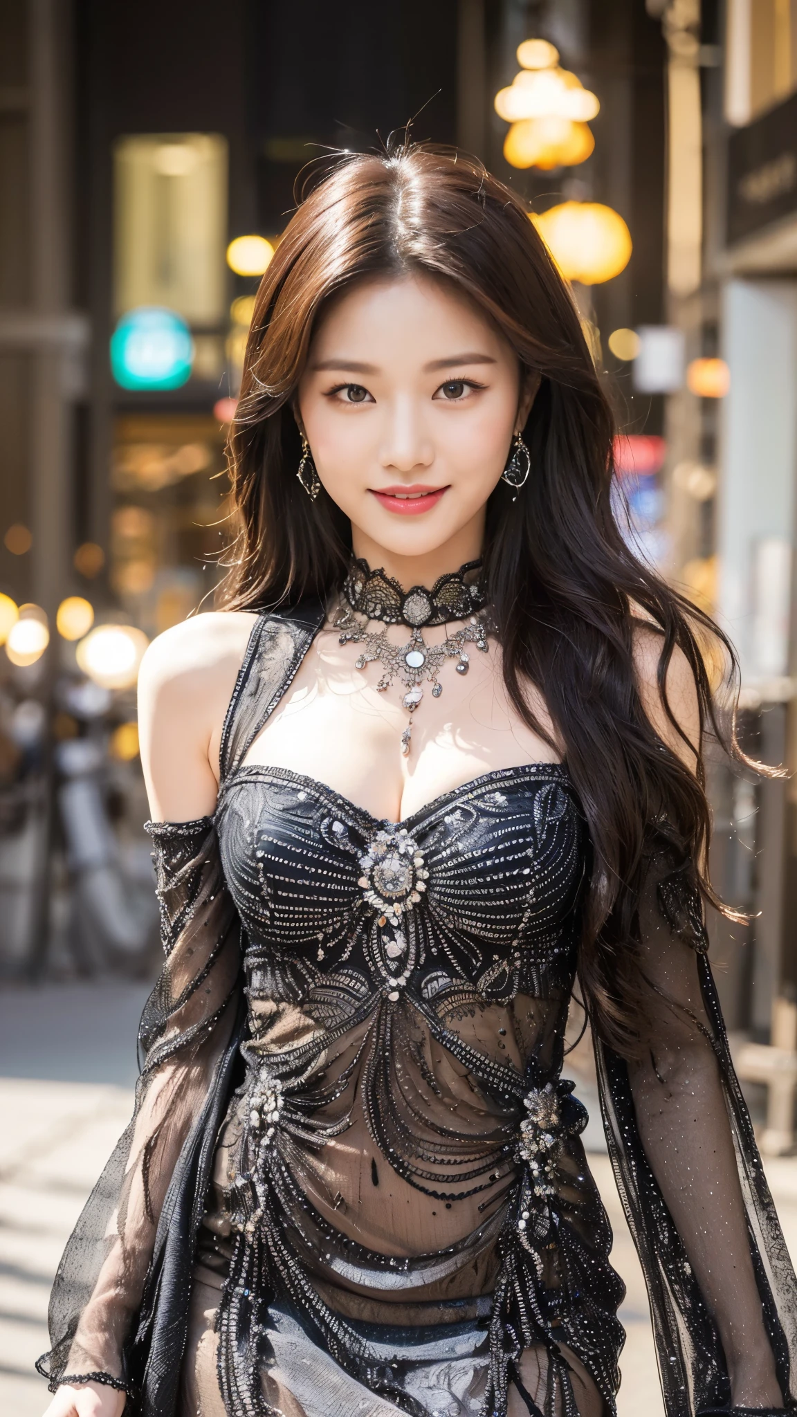 ((top quality, 8 thousand, masterpiece :1.3)), (beautiful body:1.2), very detailed face, detailed eyes, double eyelid, smiling face, long hair, She is one, open shoulder fantastic dress, famous street in korea, huge indian street, (korean club dresses:1.4)