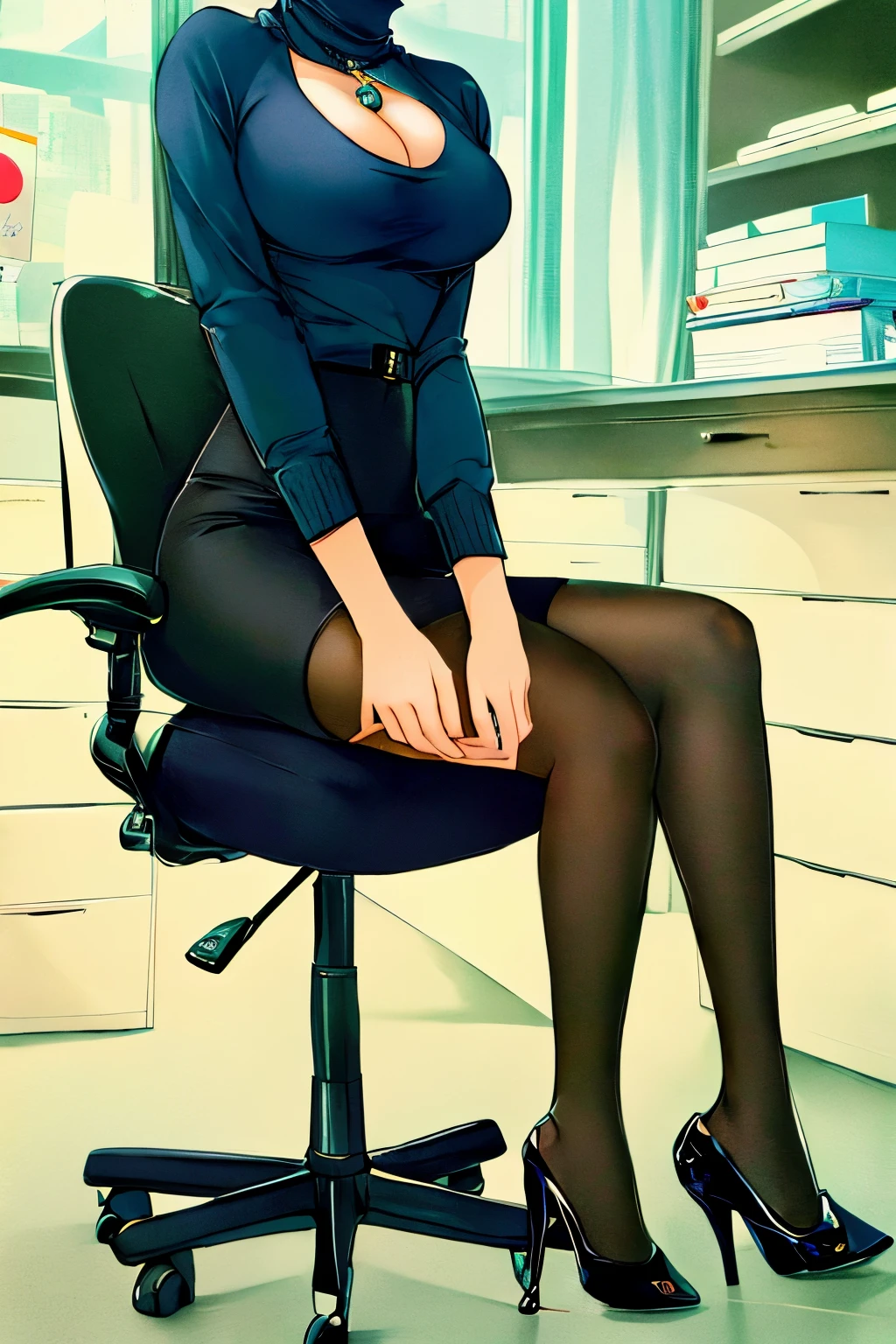 Highly detailed, High Quality, Masterpiece, beautiful, DisembodiedHead, 1girl, solo, headless, office lady, cleavage, turtleneck sweater, mini skirt, pencil skirt, pantyhose, high heels, sitting, sapphire crystal ball, office chair, workplace, full body,