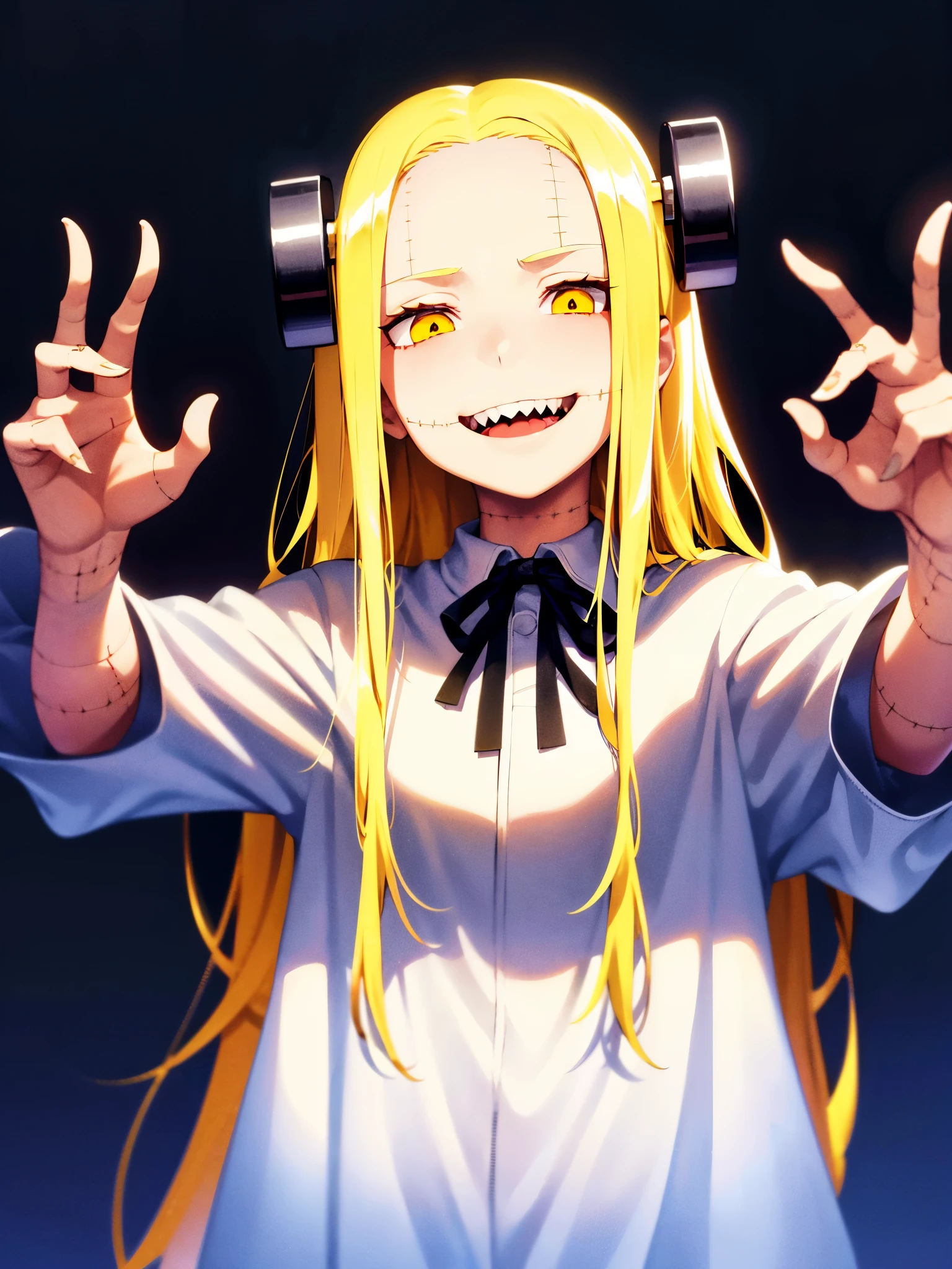 Fran,young woman,white robe ,costs,((He looks with disgust)),angry, long hair , yellow hair,seams , Scars on the body , (A creepy look) , scary eyes,sharp teeth ,(((creepy smile)))