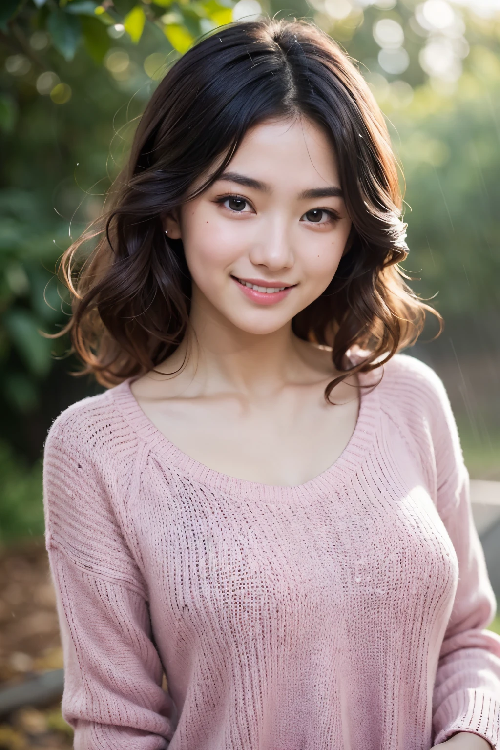 forest, rain, studio light, Depth of bounds written, Upper body, thin, cute face, big smile, beautiful detailed eyes, No false eyelashes allowed, short eyelashes, 17 years old Japanese, cute, Warm brown voluminous curls, pink knit sweater,