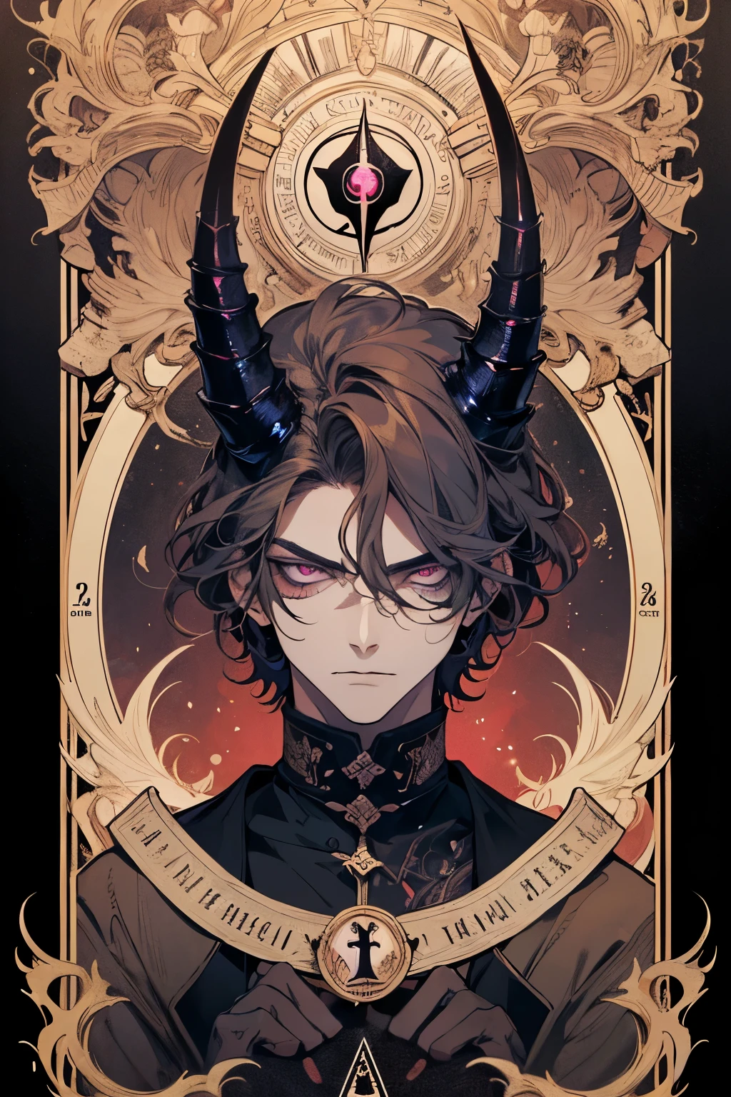 (absurdres, highres, ultra detailed), 1 male, adult, handsome, broad shoulders, two horns, evil, glowing red eyes, black wings, blood, intimidating looks, fair skin, purple eyes, finely detailed eyes and detailed face, the devil \tarot\, Symbolism, Visual art, Occult, Universal, Vision casting, Philosophical, Iconography, Numerology, Popularity, Artistic, Alfons Mucha