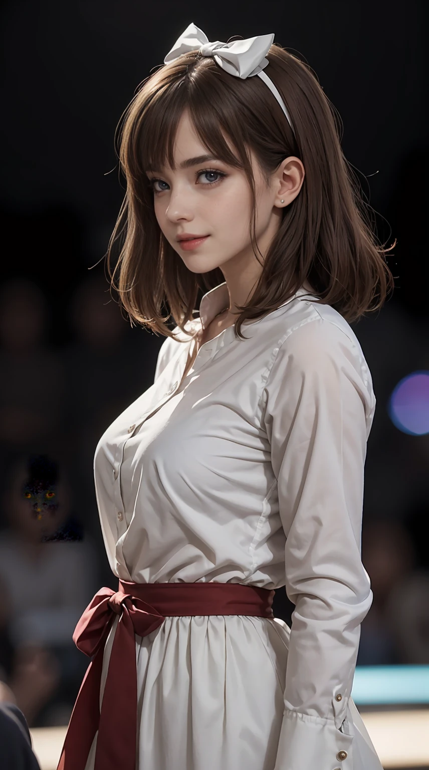 (very delicate and beautiful: 1.2), 1 girl, bangs, blue eyes, Blur, Blur background, bow, brown hair, shut up, Side view, hair between eyes, hair bow, lanthanum, particles of light, long sleeve, Watch the audience, medium hair, night, red bow, alone, performer(symbol), Upper body, smile, red lips