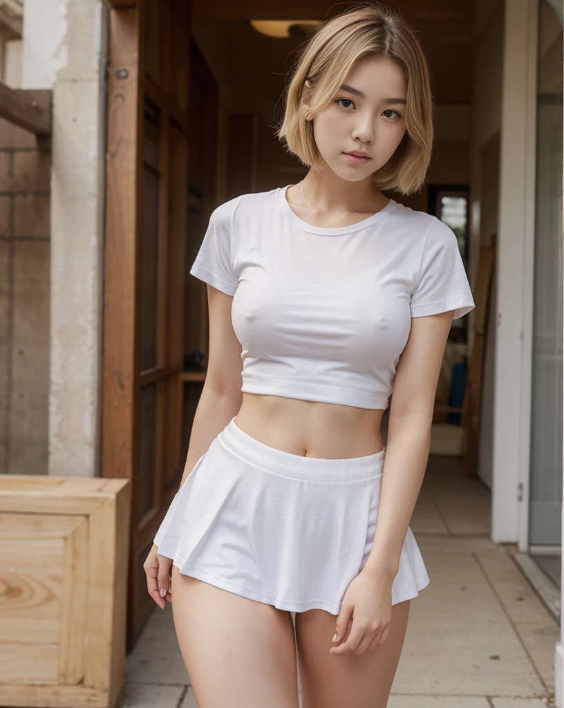 a  Chinese girl with short blonde hair, eyes and very big tits. Her waist is narrow, small butt.
She wears tight white tennis t-shirt and red tennis skirt. 