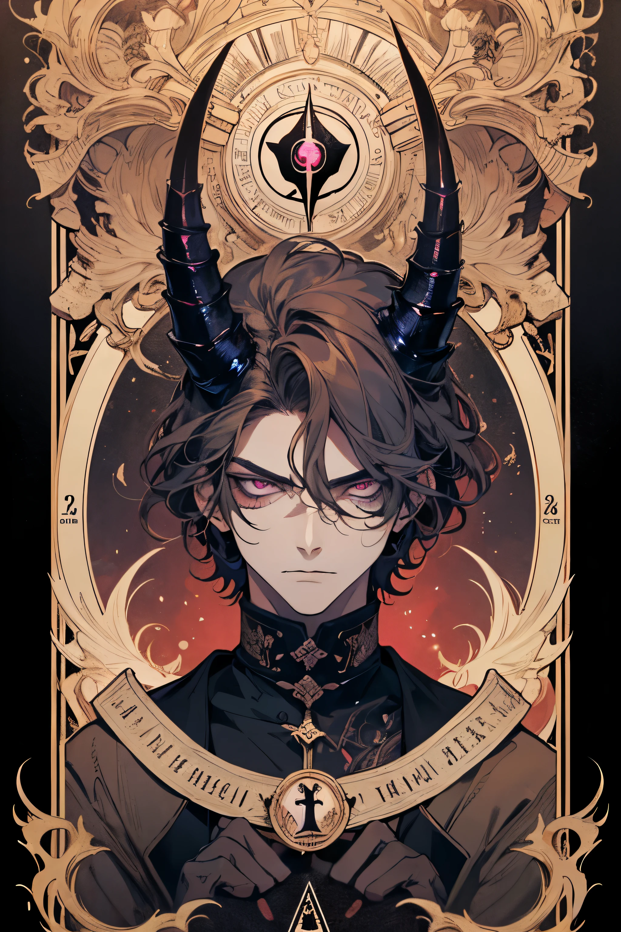 (absurdres, highres, ultra detailed), 1 male, adult, handsome, broad shoulders, two horns, evil, glowing red eyes, black wings, blood, intimidating looks, fair skin, purple eyes, finely detailed eyes and detailed face, the devil \tarot\, Symbolism, Visual art, Occult, Universal, Vision casting, Philosophical, Iconography, Numerology, Popularity, Artistic, Alfons Mucha
