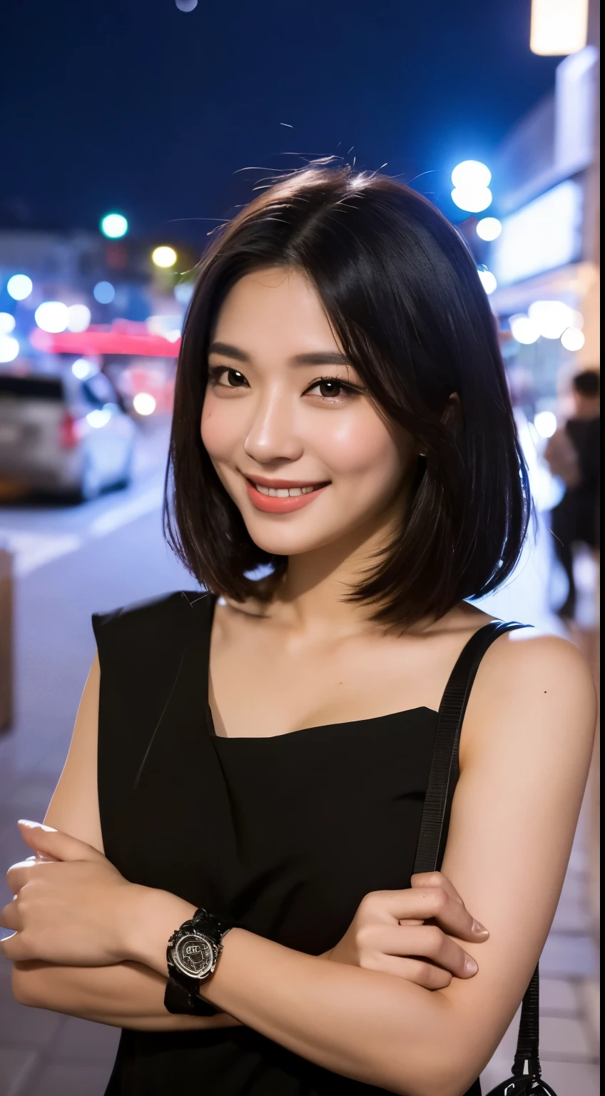 ((top quality, 64K, masterpiece: 1.3, UHD), (realistic, photorealistic: 1.37), sharp focus: 1.2, beautiful THAI woman with perfect style: 1.4, slender abs: 1.2, ((black hair, short hair, big: 1.2, smile)), highly detailed face and skin texture, detailed eyes, double eyelids, super detailed, girl alone, beautiful detailed moon, night, walking in the city, dating), (smile: 1.15), (closed mouth), beautiful fine eyes, café bar, night