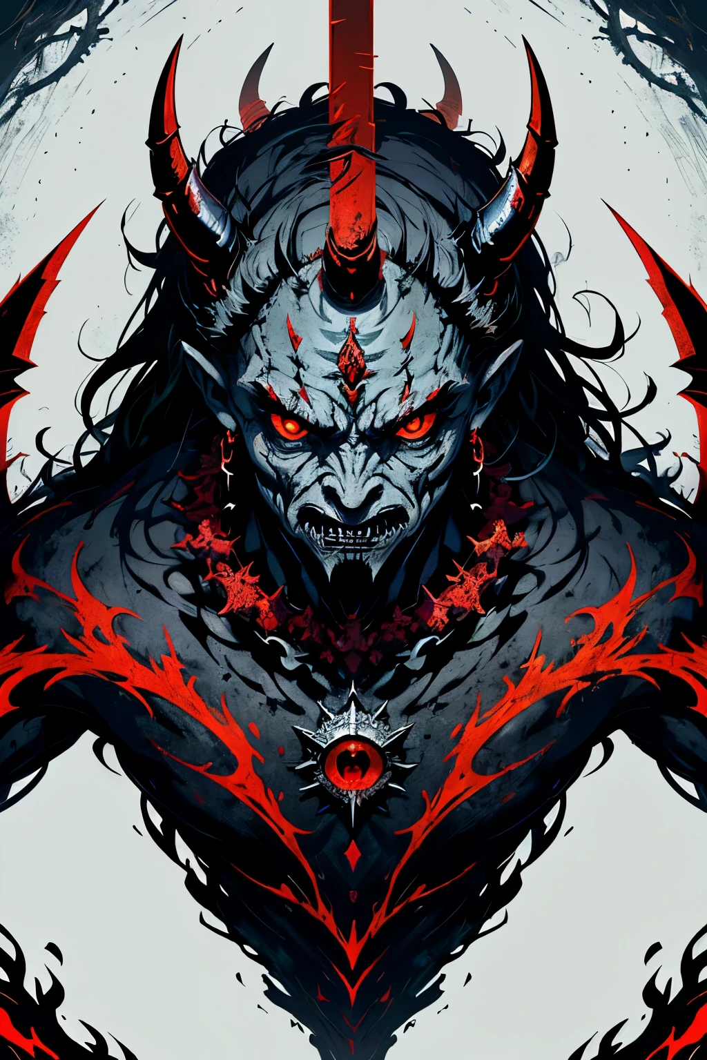 The ancient Demon King emerges from the depths of shadowy realms, his venerable form a worn testament to eons past. Obscure, encrusted patterns adorn his time-ravaged skin, bearing witness to his ancient existence. Glowing scarlet eyes pierce the deep sockets of his weathered face, each pore exuding a solemn aura.

(high resolution, Ancient Demon King, Mythical being, Masterpiece, Ethereal: 1.5), (obscure, Encrusted pattern: 1.4), (Red eyes: 1.6), (Solemn aura: 1.3), (