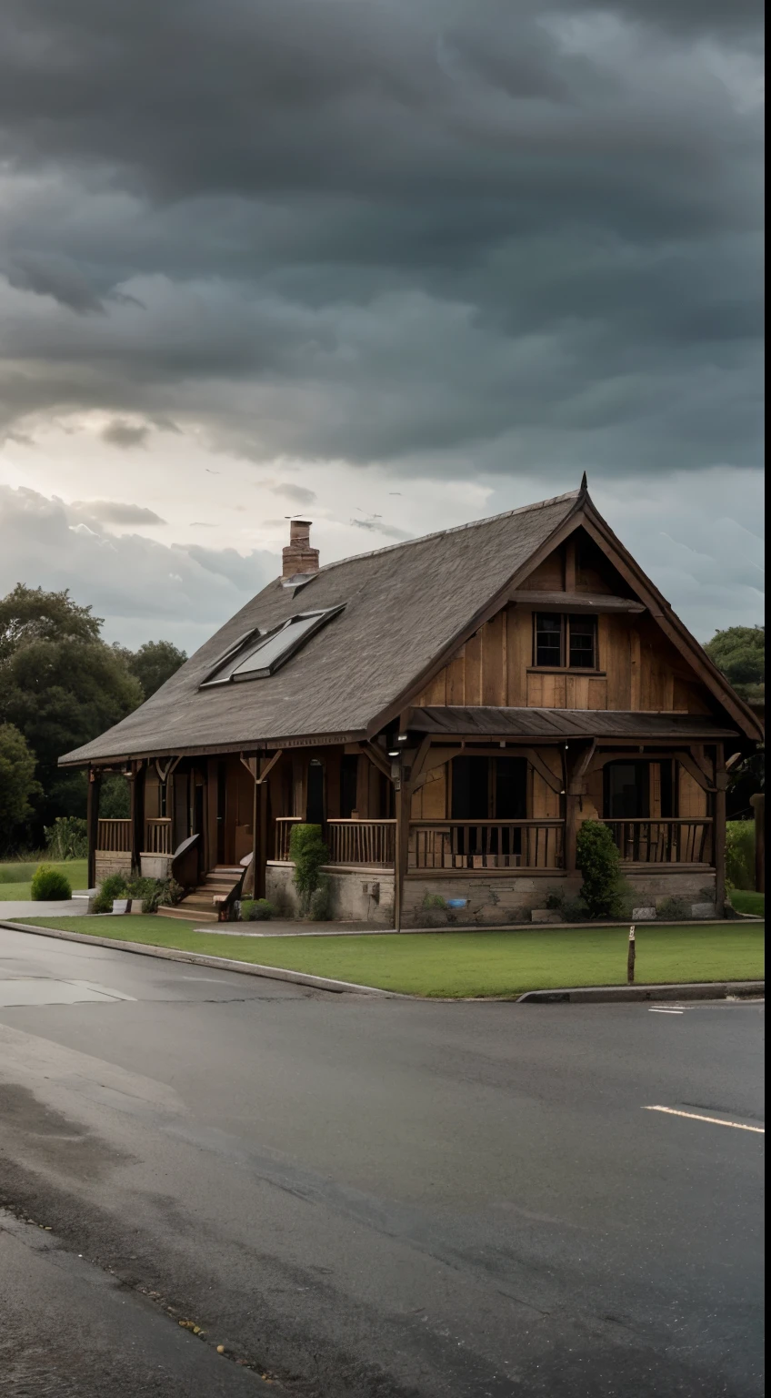 a wood house next to a road, greenfield background, grey sky