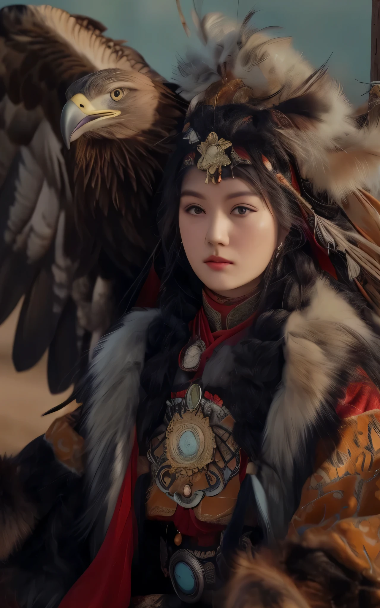 araffe woman in a feathered headdress with a large eagle, a young woman as genghis khan, a young female shaman, she is dressed in shaman clothes, beautiful young female shaman, portrait shot, a beautiful woman warrior, beautiful young wind spirit, kazakh empress, avian warrior, portrait of a woman warrior, beautiful female warrior