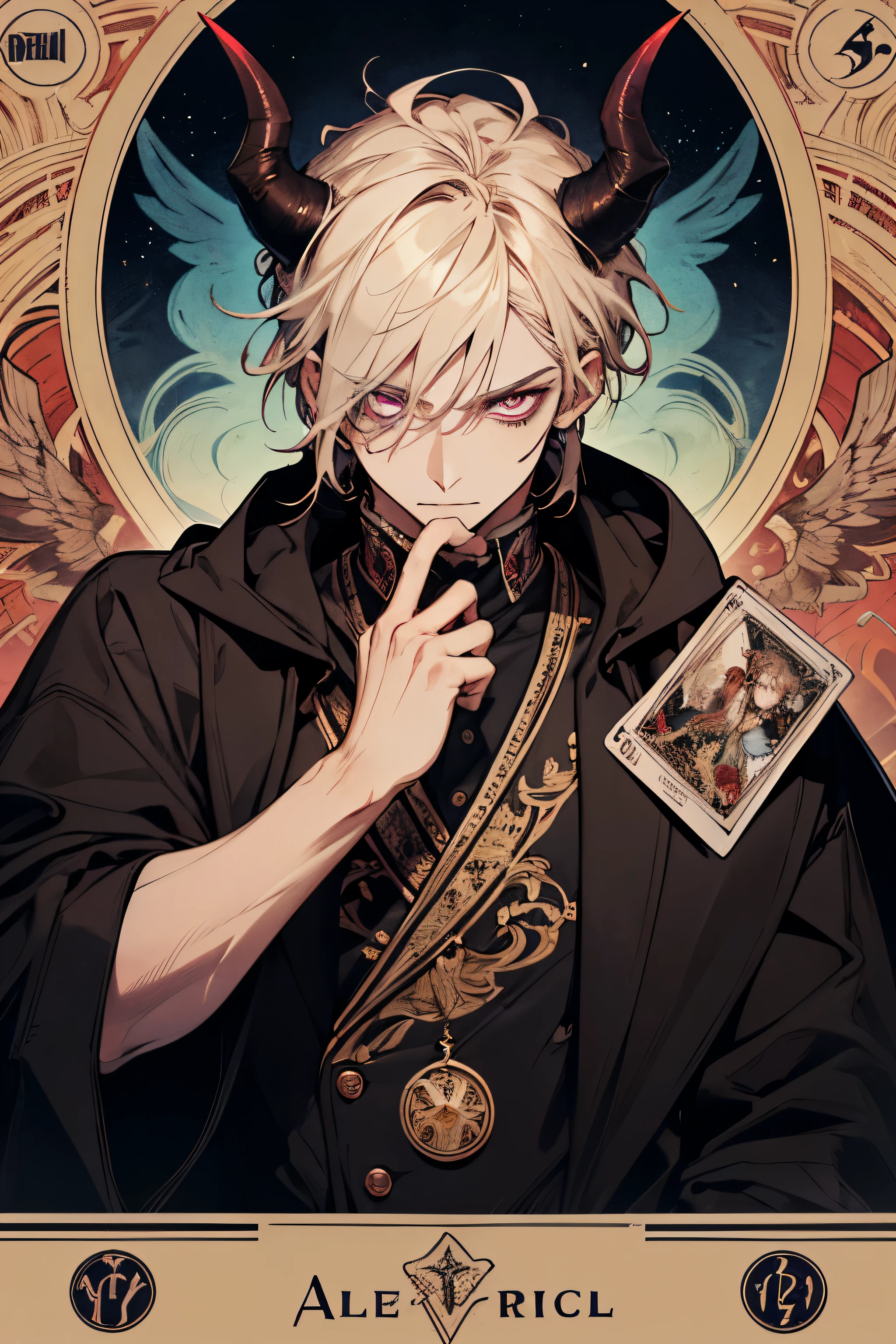 (absurdres, highres, ultra detailed), 1 male, adult, handsome, broad shoulders, two horns, evil, glowing red eyes, black wings, blood, intimidating looks, fair skin, purple eyes, finely detailed eyes and detailed face, the devil \tarot\, Symbolism, Visual art, Occult, Universal, Vision casting, Philosophical, Iconography, Numerology, Popularity, Artistic, Alfons Mucha