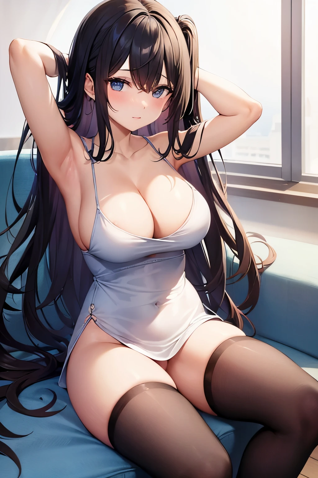 Female, Revealing dress, Voluptuous, Sitting, Armpit, (No pants), (No panties)