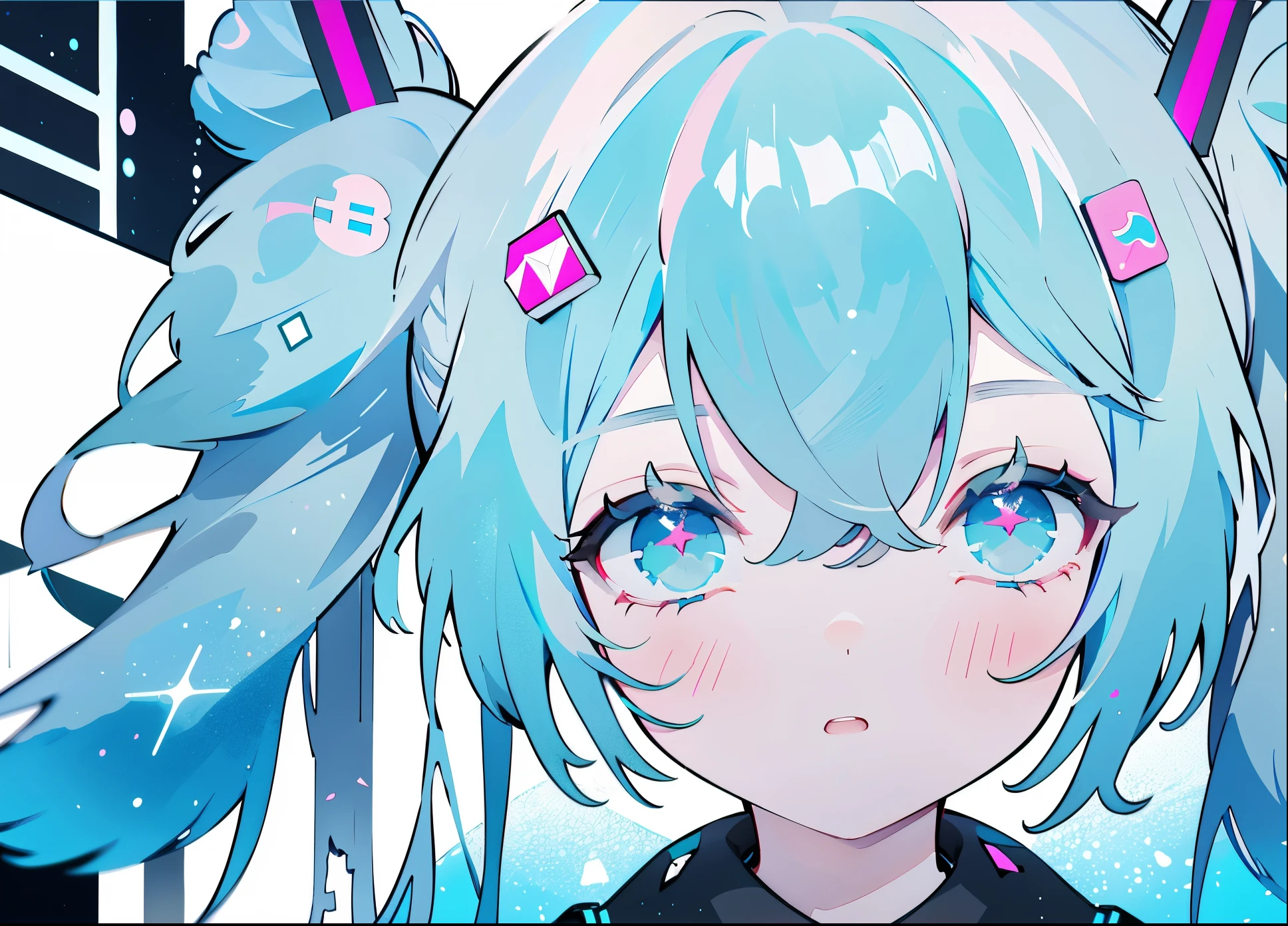 Hatsune Miku, twintail very long hair, neon eyes, ((中央)),対面, Geometric art of squares on background, とても近い被写体