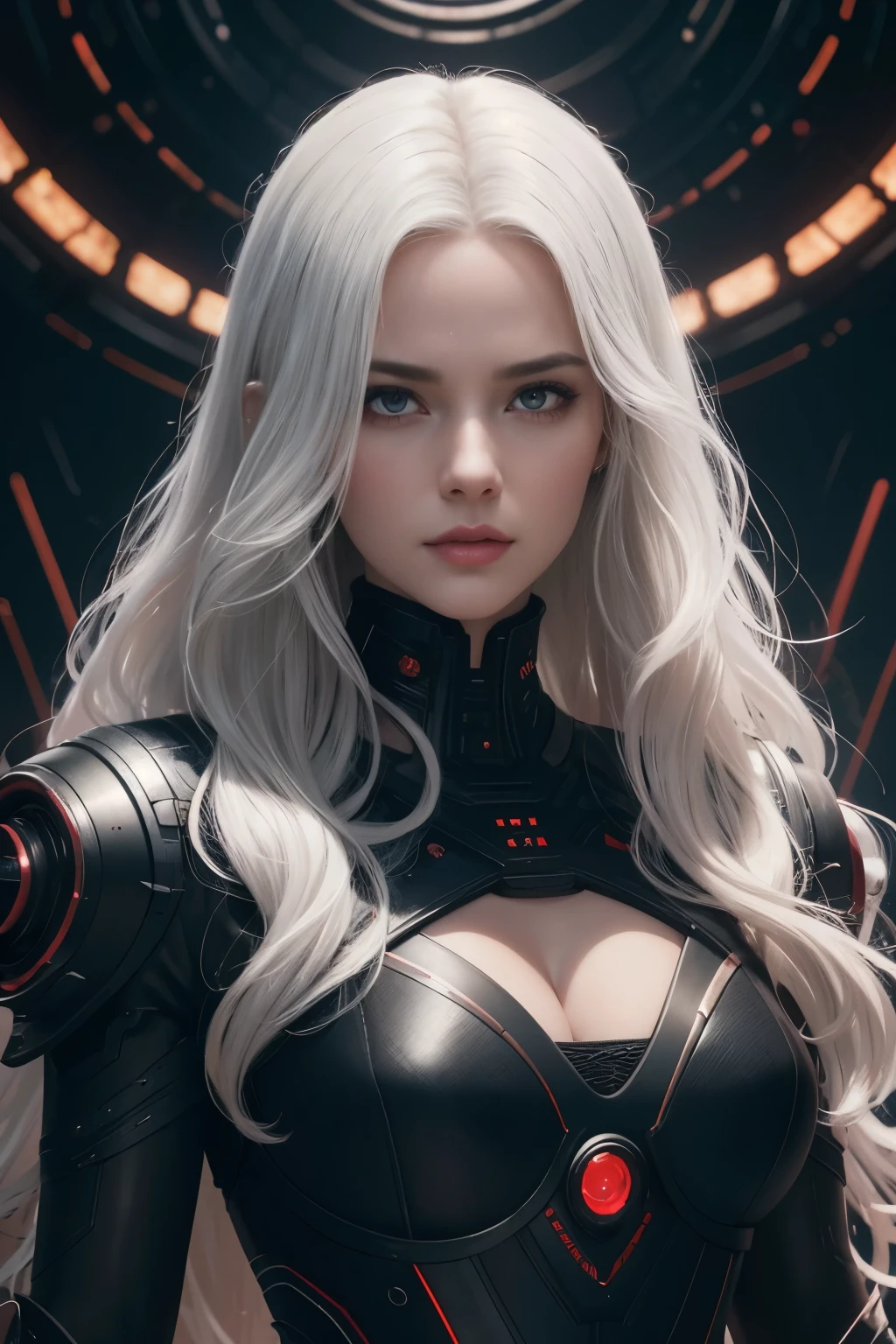 Portrait of a beautiful girl with wavy white hair, wearing a formal black dress with metal parts, red eyes, monograms in the background, digital painting, dark colors, 8k, complex details, vintage, retro futuristic style, sharp focus on the center, pastel colors, art station, (sci-fi, future, future theme), (facial expression looking with disdain), (detailed illustration)