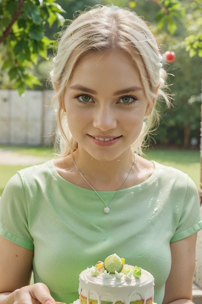 woman in green shirt ((holding a cake with white frosting and green toppings)), very pretty face, with a happy expression, happy birthday, ((photo-realistic)), depth of field, natural lighting, Eye-Level Shot, masterpiece, super detail