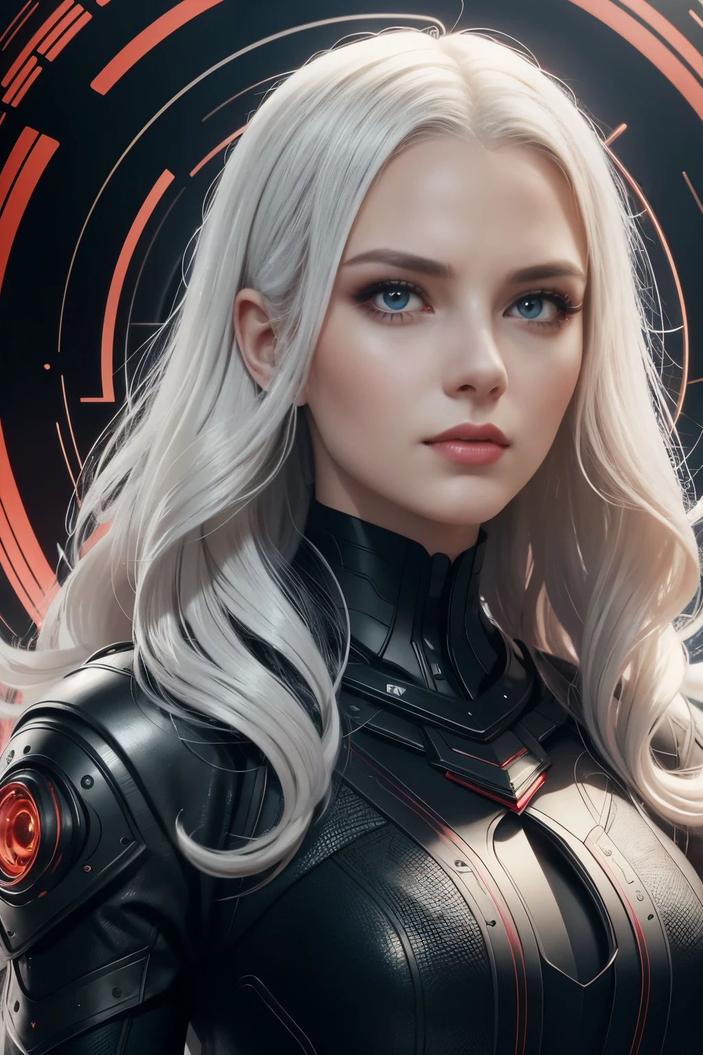 Portrait of a beautiful girl with wavy white hair, wearing a formal black dress with metal parts, red eyes, monograms in the background, digital painting, dark colors, 8k, complex details, vintage, retro futuristic style, sharp focus on the center, pastel colors, art station, (sci-fi, future, future theme), (facial expression looking with disdain), (detailed illustration)