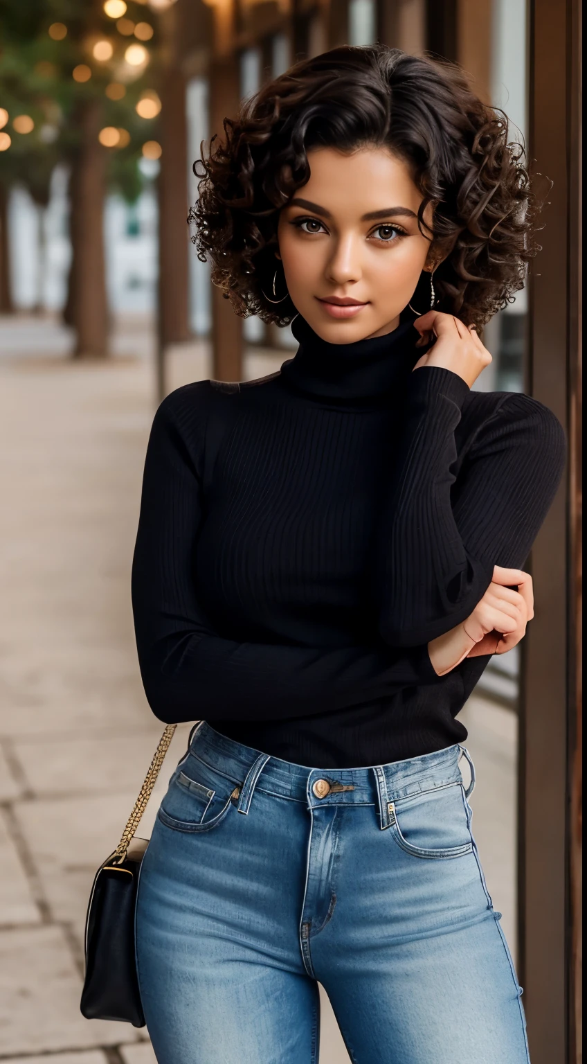 Beautiful lady 25 years old, dark short curly hair, fine nice detaild face, black turtleneck  knitted tight sweather with short sleeves, brown eyes, long eyelashes, white thight jeans, open pose, glamour photo, she is a model