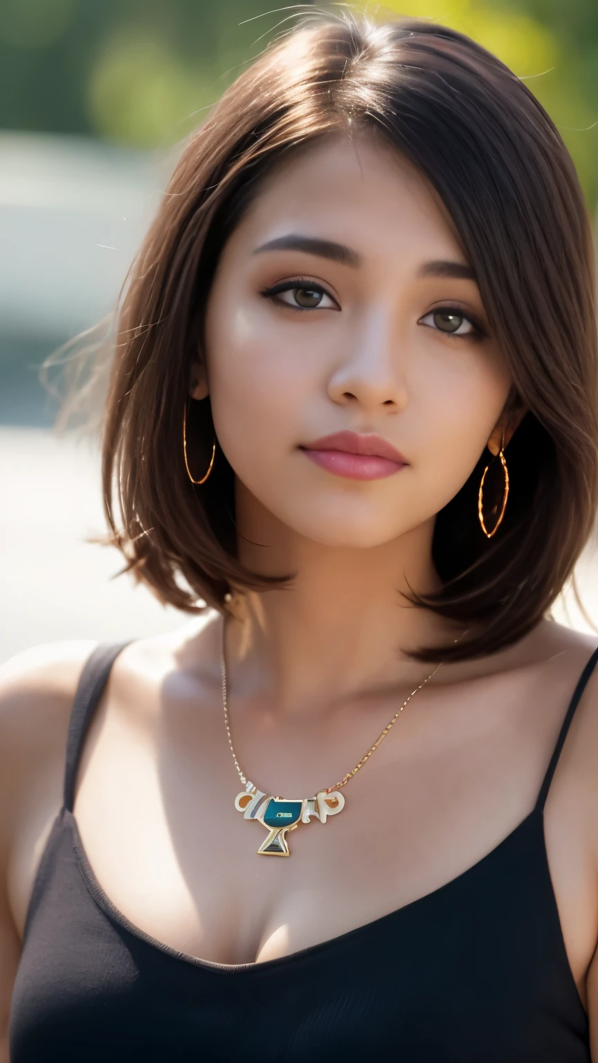 (8k, RAW Photos, Best Quality, High Resolution: 1.1), (Ultra Realistic: 1.4), (Realistic, Photorealistic: 1.3), Soft Light, young girl, Malay Pakistani look, wear loose half cami top, walking at flower garden, black hair, small mole near lips, Realistic Face, Realistic Body, Realistic Skin, side view,Absurdity, Masterpiece, (Cute: 1.8), Cuties, Solo, Detailed Black Eyes, Innocent Eyes, Cheek, Cinema Light, Film grain, long necklace, earrings, ((short bob hair: 1.1)), (floating hair novafrog style)), cherry colored lips, , close-up, look viewer, upper body, open lips, medium breast , breast out, nipples, upper teeth, cute smile, (smiling eyes: 0.6), (grin: 1.2)), depth of field, blurred background, eye focus, bokeh, young, 85mm lens, f/1.4, ambient soft lighting, young, portrait, photon mapping, radiosity, physically based rendering,