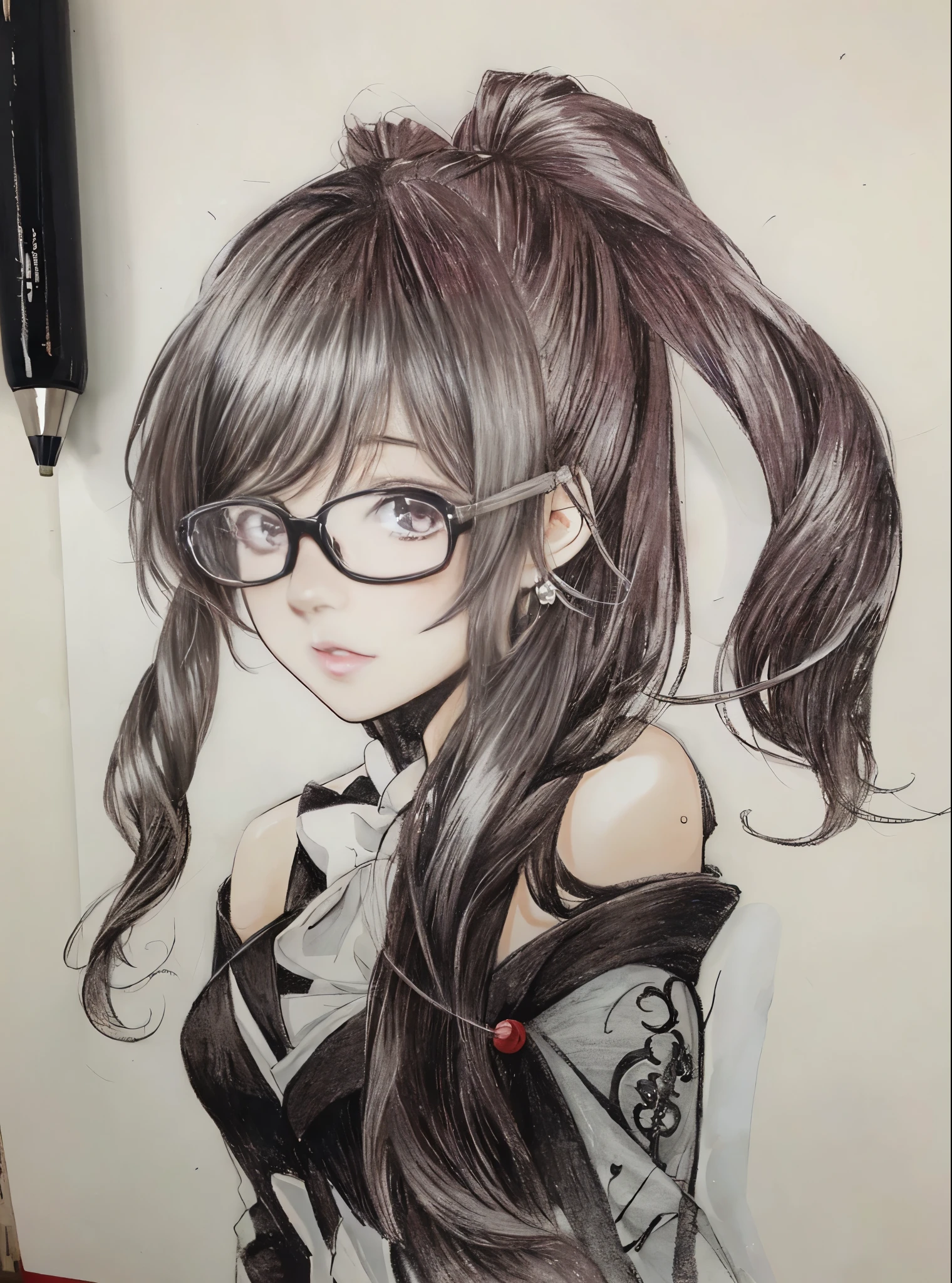a girl with long hair and glasses with a bow colored black, anime drawing, anime style portrait, anime style, beautiful face, anime girl, portrait of an anime girl, realistic detailed manga style, in an anime style, anime styled