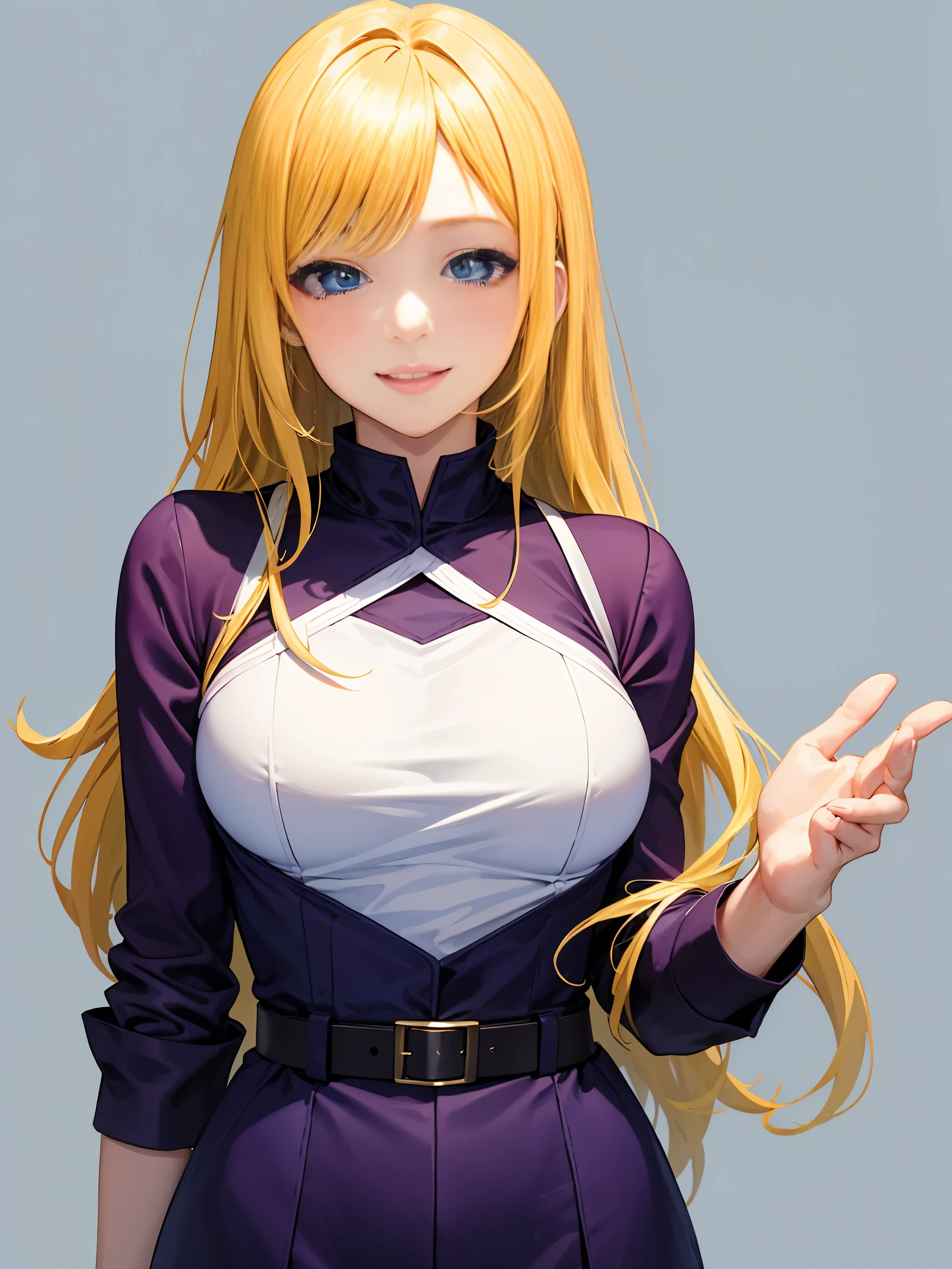 Top quality, masterpiece, 1 girl, yellow hair, blue eyes, parted lips, purple shirt, long sleeve, medium breasts, smiling, 4K