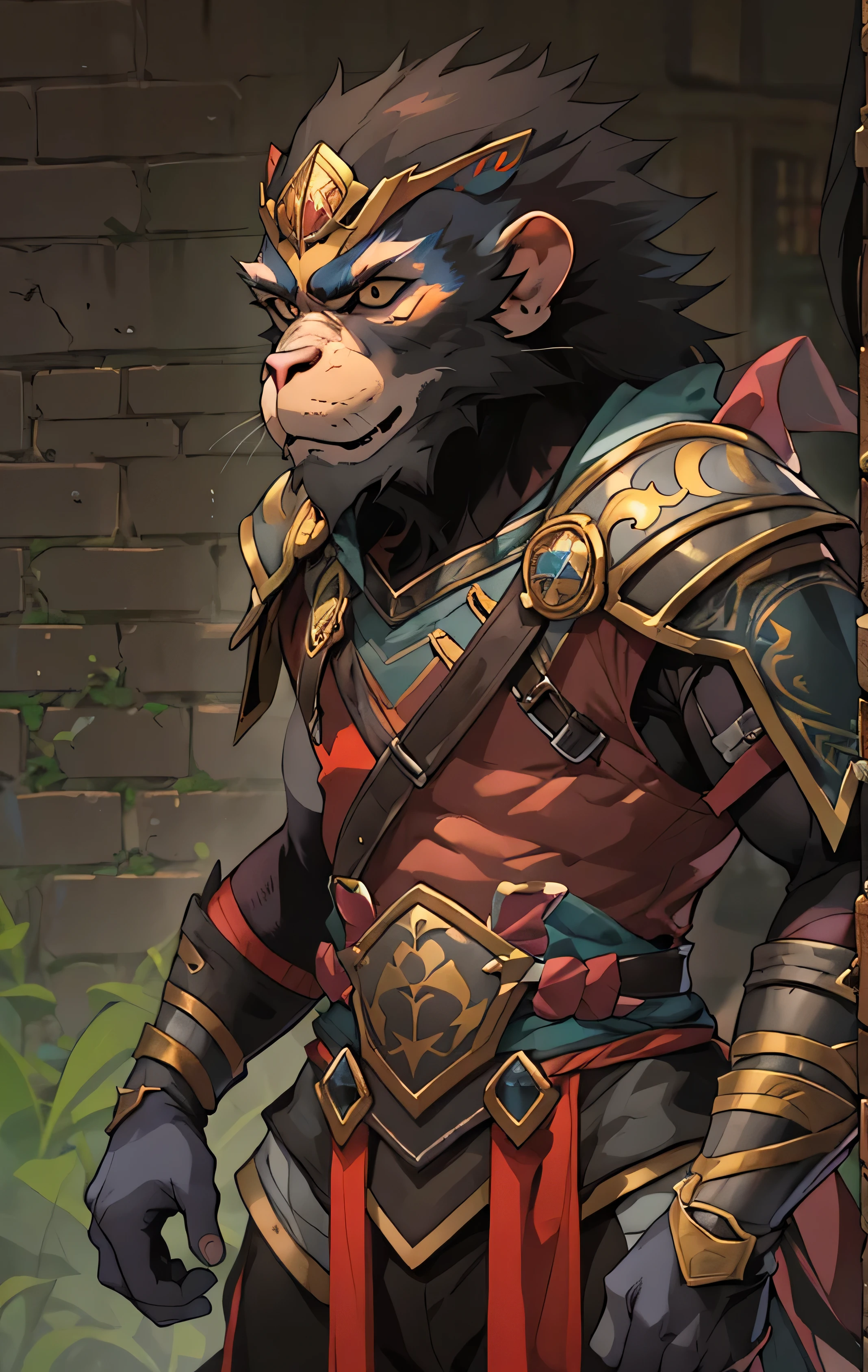 monkey warrior, Armor, stand sideways，Fantasy setting, Character Concept, Character Art, character portrait, comic books, best quality, best resolution, 4K, vivid colors, vivid, high detail, Supreme details, confident pose, extrovert, See below, serious expression, turn the angle sideways, upper body detail, face access screen, Upper body close-up, dart,