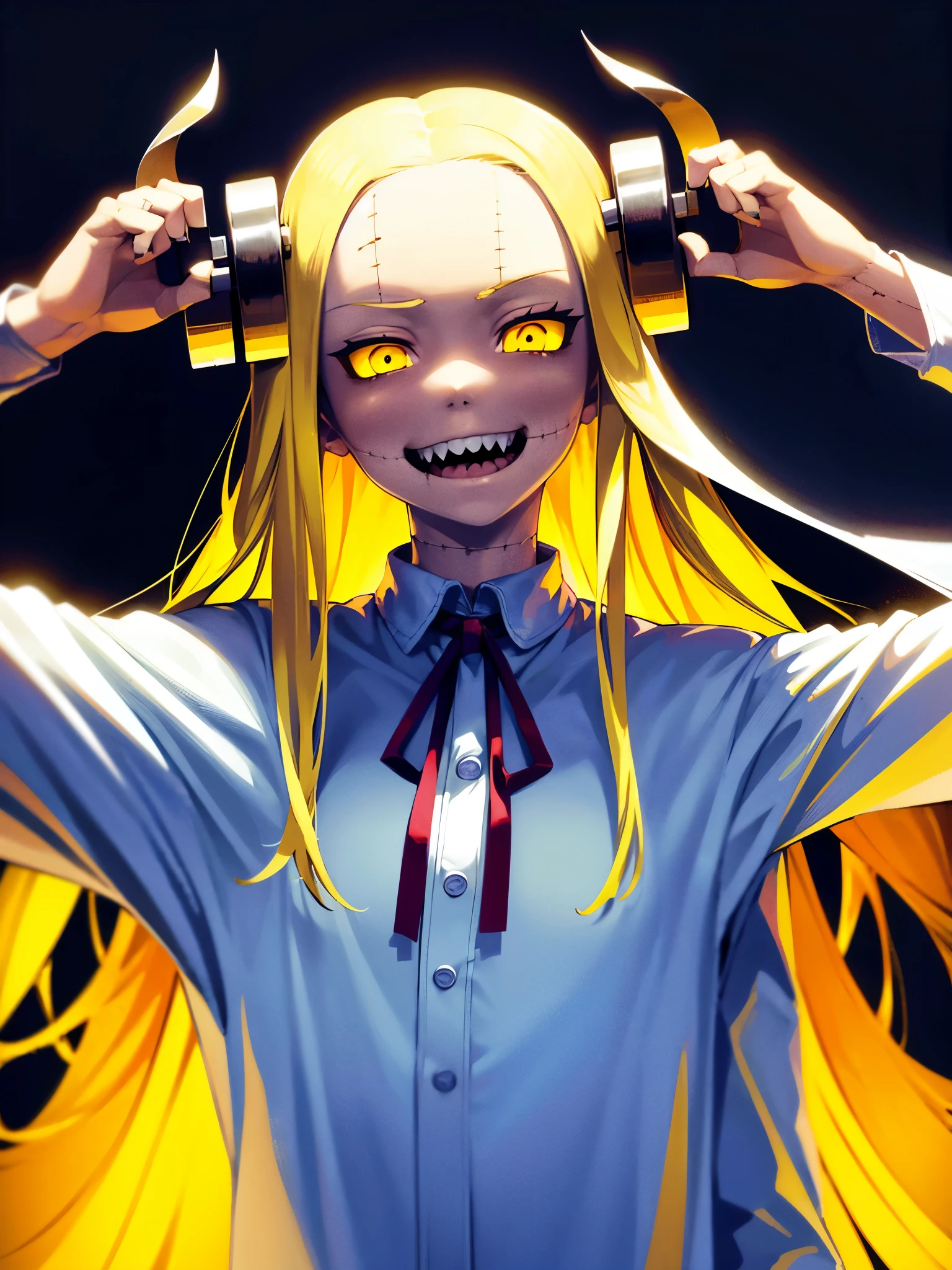Fran,young woman,white robe ,costs,((He looks with disgust)),angry, long hair , yellow hair,seams , Scars on the body , (A creepy look) , scary eyes,sharp teeth ,(((creepy smile)))