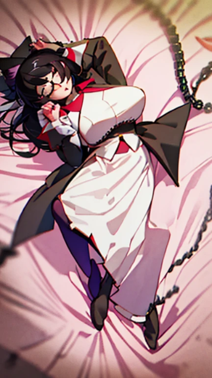 hanekawa tsubasa、attack of glasses、black hairの、big breasts、 (black hair, brown eyes, round face), big breasts, With ribbon, (blush your nose, Naughty, half-open eyes, drooling),on the bed in the infirmary, [full body shot]、BDSM、Lots of love juice、pale pubic hair、wearing a black dog collar,full body shot,wide open legs、Glasses、lying in bed、hands tied above the head、head to toe shot、hand flail、fetters、Squirting、Squirting、There are many in the body,Under the tropical sun、Compete for big breasts in the bright sunlight、compressed the chest with a rope.、woman in chains、I looked at it a little from the side........、hips move up and down、chest moves up and down、cry in pain、Pee、((masterpiece)), ((highest quality)), (Super detailed), ((cute)), cute, (Lovely), ((very detailed)), 4K, (8K), highest quality, (beautiful), anime style、pink nipples、
