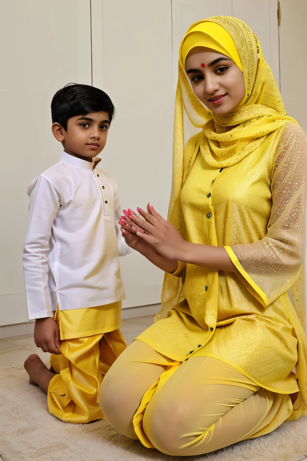 Hindu girl Fully naked in yellow Clothes with Muslim boy in white kurta janama sexy posing and in another both open there Private parts and In another image girl on the kneel and giving pleasure to muslim boy by hand job