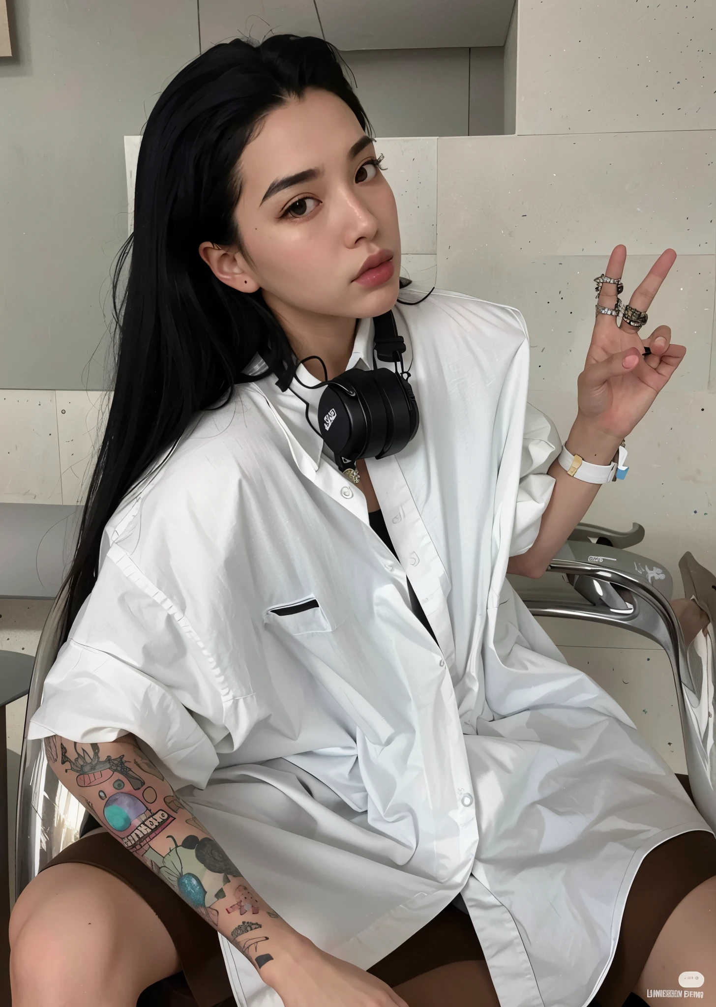 There's a woman sitting in a chair with headphones on, wearing japanese techwear, Camisa comprida, usando streetwear cyberpunk, Fotografia de uma mulher techwear, cruel korean goth girl, roupas brancas da moda, she is wearing streetwear, Cyberpunk Streetwear, Techwear Look e Roupas, moda techwear, camisa branca, roupas brancas e pretas, Ulzzang, vestindo camisa, camisa