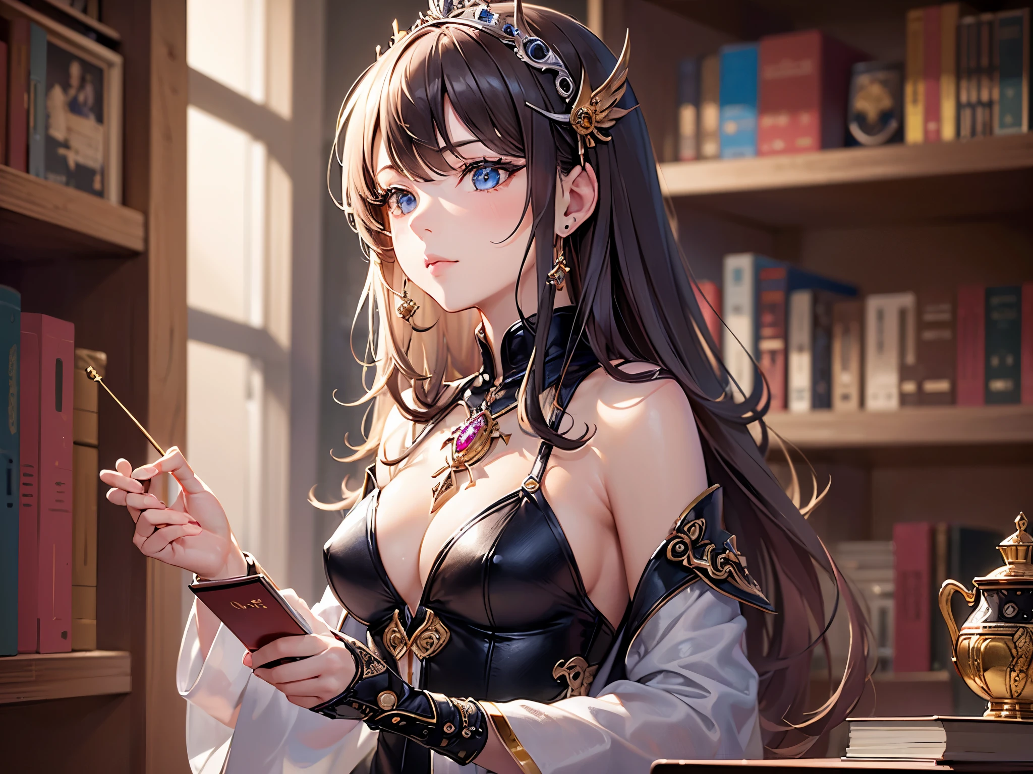 ((highest quality)),(ultra high resolution),(Super detailed),(detailed description),((best CG)),(best work of art),super precision art,great drawing art,(Fantasy art with precise details:1.5), (1 woman:1.6),alchemist:1.6,beautiful and well-shaped face:1.6,Intricately detailed robe:1.7,displeased look:1.6,shiny skin:1.6,messy hair:1.6, Books stacked messy on the desk:1.5,A shelf containing experimental tools:1.6