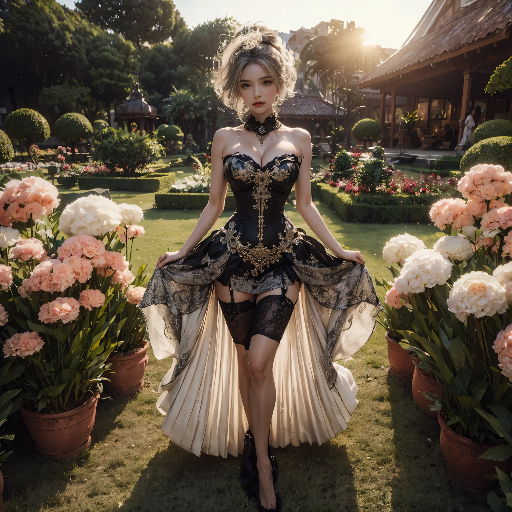 arafed woman with bustier gigantic breast in a corset and dress in front of a building, wearing an ornate outfit, ornate dress, intricate dress, elegant corset, ornate and elegant, extravagant dress, inspired by Hedi Xandt, ornate attire, intricate outfit, ornate royal gown, ornate clothing, ornate gown, intricate and elegant, intricate detailed dress, ornate , royal dress,  masterpiece, best quality:1.2),,(8k,highres,RAW photo,realistic,photo-realistic:1.3),(detailed skin texture,detailed cloth texture,beautiful detailed face:1.25),professional lighting,photon mapping,beautiful soft light,radiosity,physically-based rendering,raytracing, model shoot style, model shoot style, (extremely detailed CG unity 8k wallpaper), full shot body photo of the most beautiful artwork in the world,