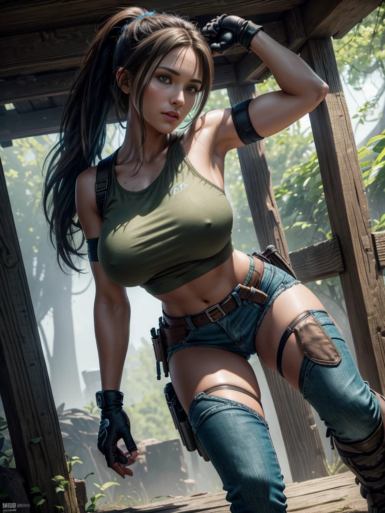 Beautiful young woman,Laura Croft,long brown hair in a ponytail,beautiful detailed eyes,beautiful detailed lips,extremely detailed eyes and face,longeyelashes,big bouncing breasts,blue t-shirt and green jean shorts,white sox,black gloves,hiking boots,thigh gun holsters,(best quality,4k,8k,highres,masterpiece:1.2),ultra-detailed,(realistic,photorealistic,photo-realistic:1.37),HDR,UHD,studio lighting,ultra-fine painting,sharp focus,physically-based rendering,extreme detail description,professional,vivid Tomb Raider, Syfy, artists,beautiful young woman (Laura Croft),long brown hair in a ponytail (beautiful and detailed),big bouncing breasts, ((( exposed breasts 1.6))) ,blue t-shirt and green jean shorts,white sox,black gloves,hiking boots,thigh gun holsters,sharp focus,ultra-detailed,portraits,physically-based rendering,vivid colors. Full body